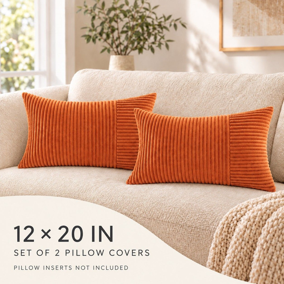 2 Pack Soft Corduroy Throw Pillow Covers 18 x 18 Inch and 12 x 20 Inch
