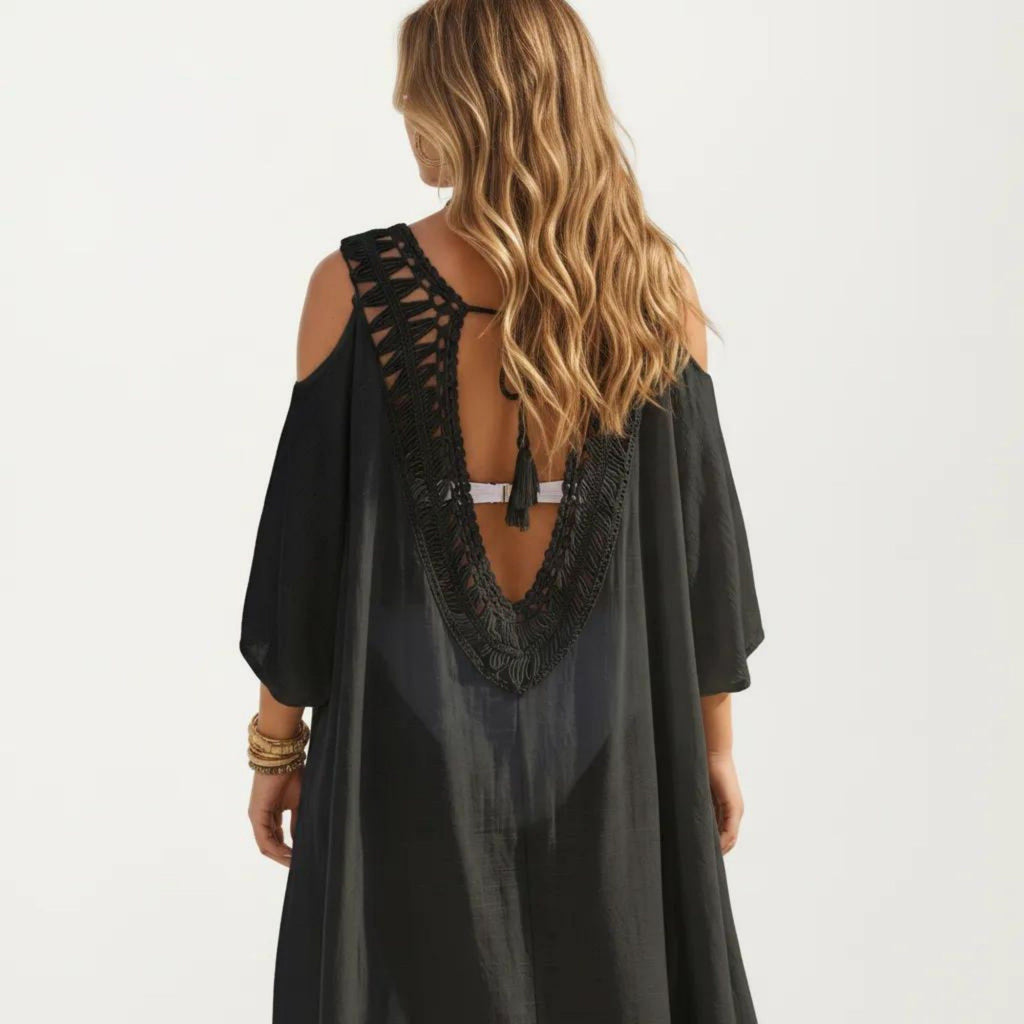 Anna-Kaci Women's Crochet V Neck Swim Cover Up Dress with Cold Shoulder Sleeves and Relaxed Fit