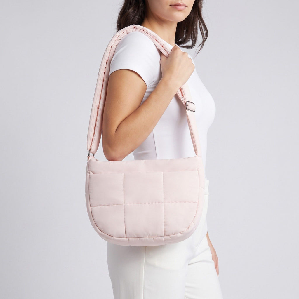 Soft Puffy Quilted Crescent Bag with Smooth Padded Panels and Adjustable Shoulder Straps 10.4x3.9x7.9in