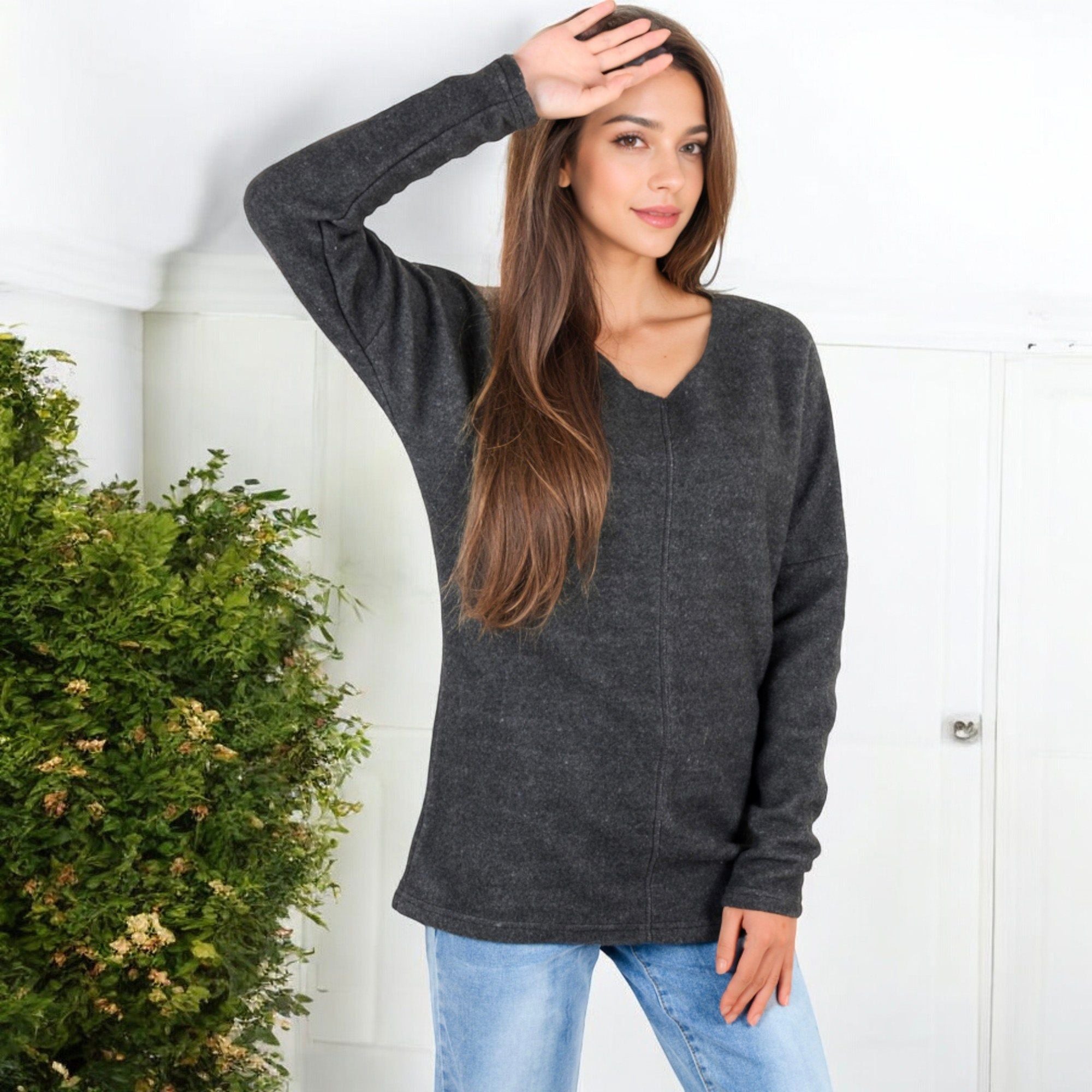 Anna-Kaci Women's Long Sleeve V-Neck Tunic Sweater with Seam Detail