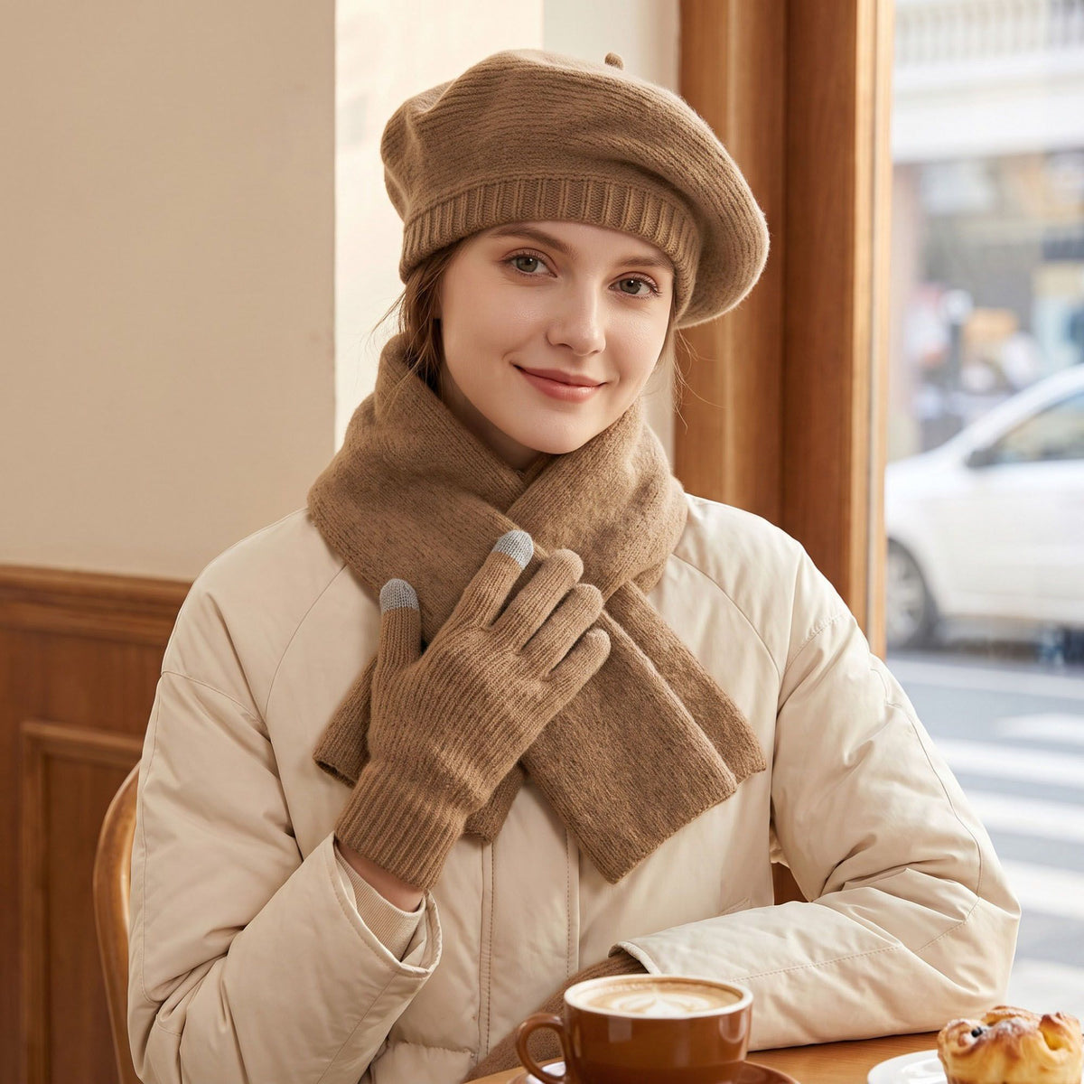 3 Piece Beret Scarf and Touchscreen Gloves Winter Set