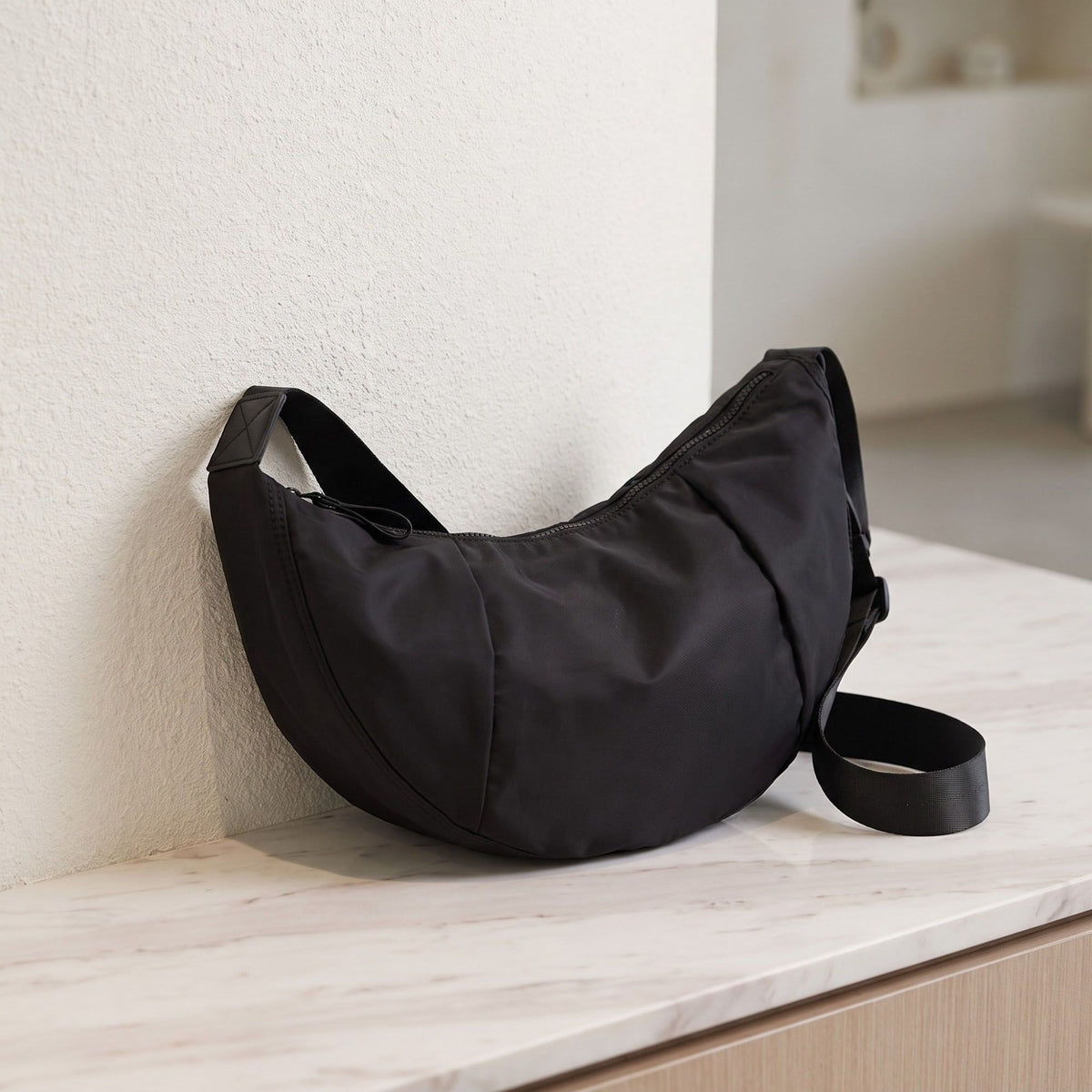 Nylon Crescent Shoulder Bag with Adjustable Strap and Double Zip Closure