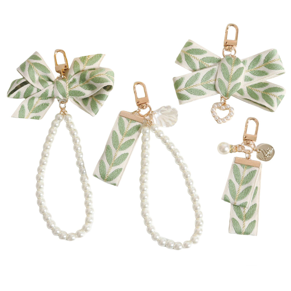 Pearl Beaded Keychain with Fabric Bow and Leaf Pattern Ribbon Charm