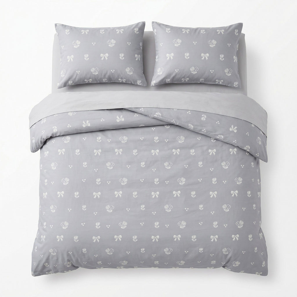 3-Piece Cotton Bedding Set with Duvet Cover and Pillowcases Soft Washed Fabric Minimal Floral Bow Print