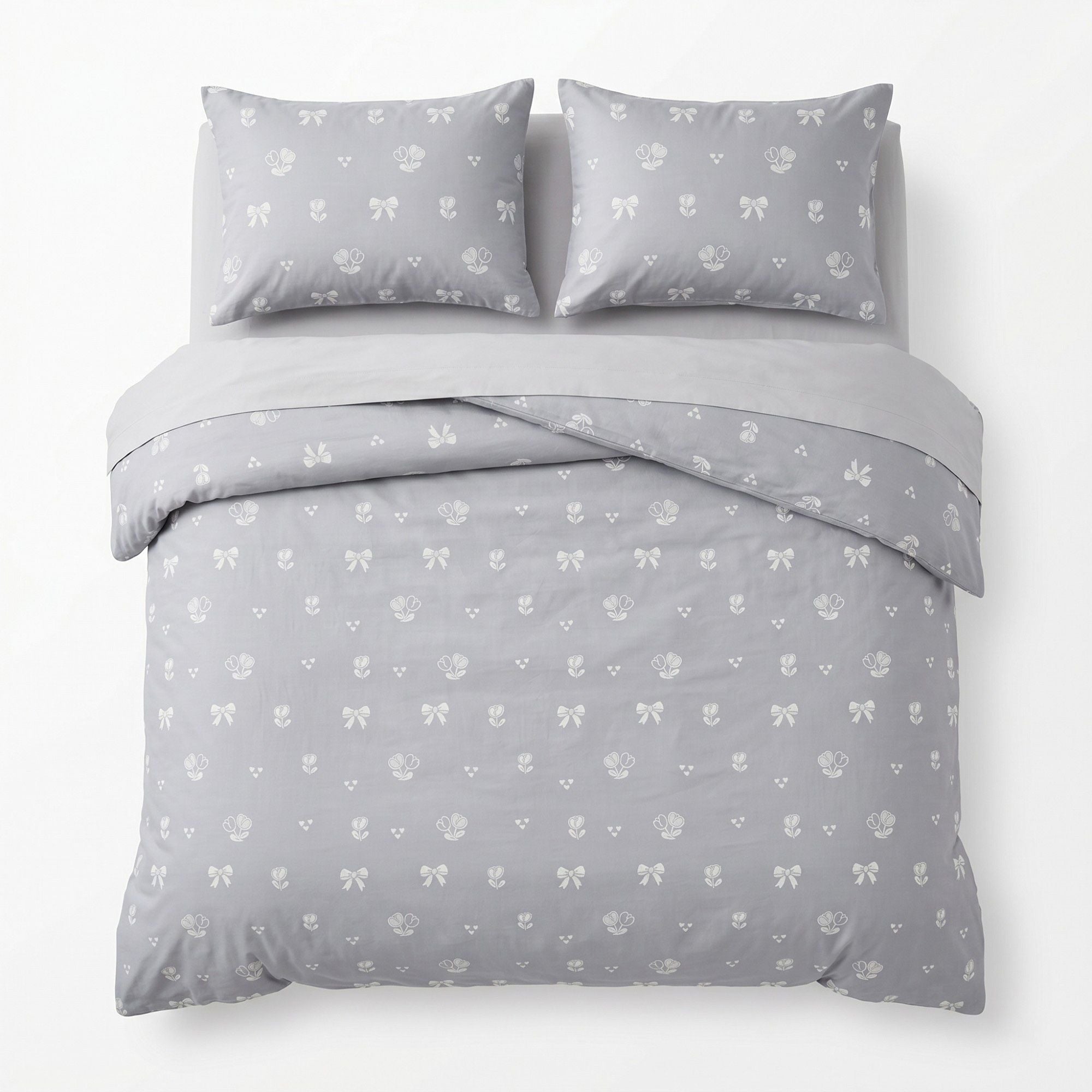 3-Piece Cotton Bedding Set with Duvet Cover and Pillowcases Soft Washed Fabric Minimal Floral Bow Print