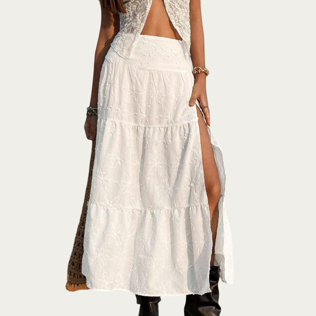 Anna-Kaci Women's Embroidered Floral Tiered Maxi Skirt with Side Slit