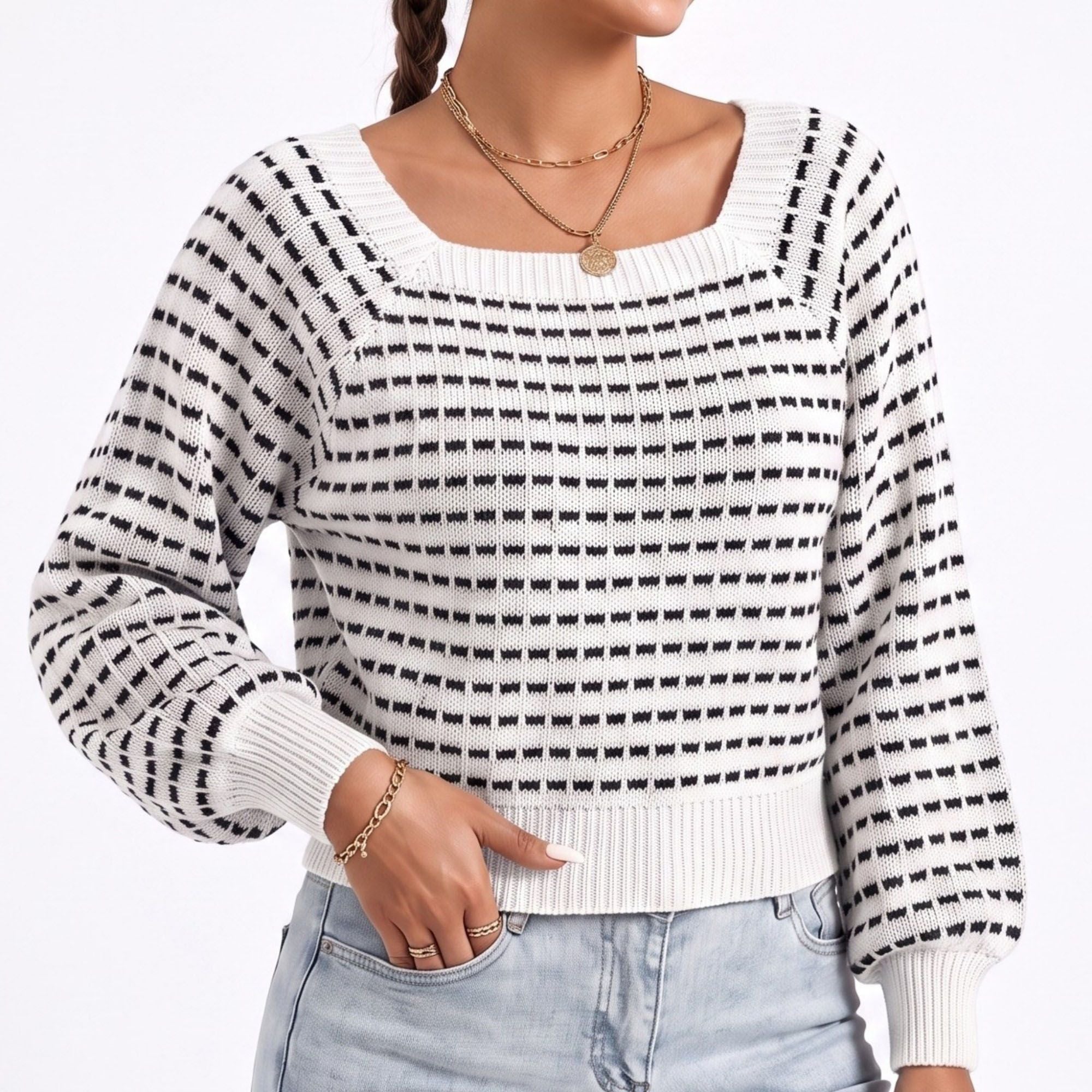 Square Neck Textured Stripe Balloon Sleeve Knit Sweater