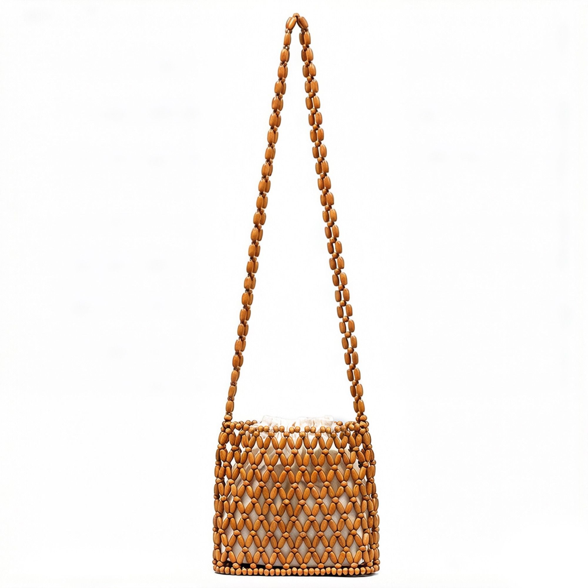 Beaded Crossbody Mini Bag with Long Strap Open Weave Wooden Bead Shoulder Purse Lightweight Small Handbag
