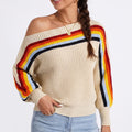 Rainbow Stripe One Shoulder Balloon Sleeve Knit Sweater