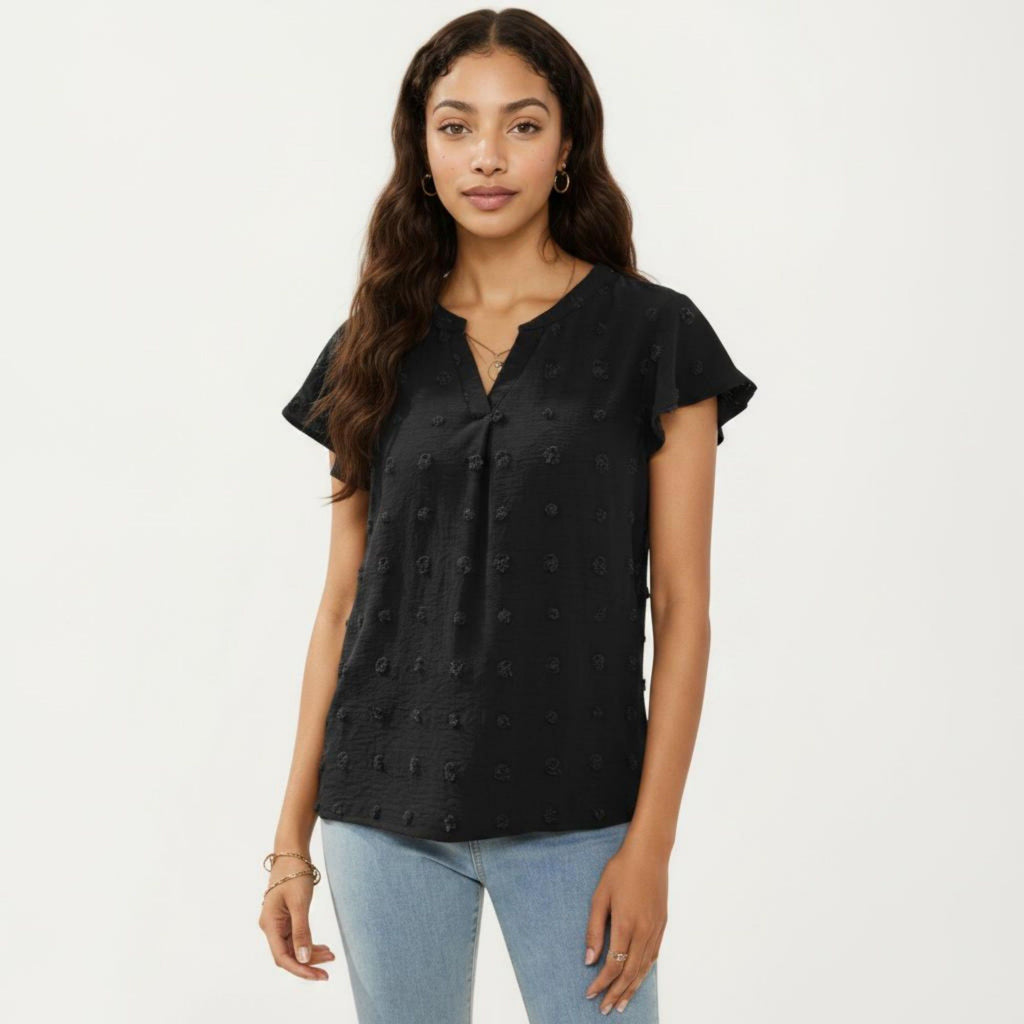 Anna-Kaci Women's Short Sleeve Swiss Dot Top with Split Neckline and Soft Textured Fabric