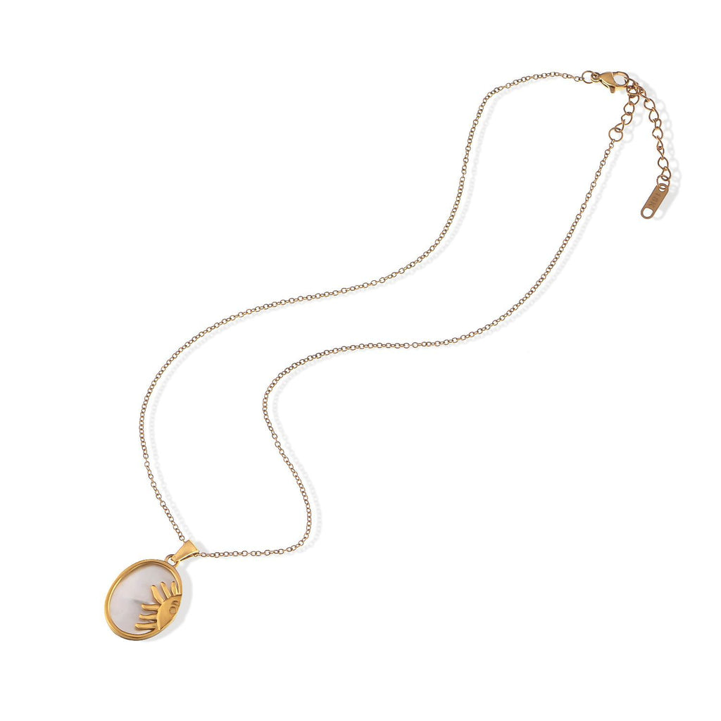 Women's Stainless Steel Necklace with 18K Gold Plated Sun and Moon Pendant, Adjustable Chain with Mother of Pearl