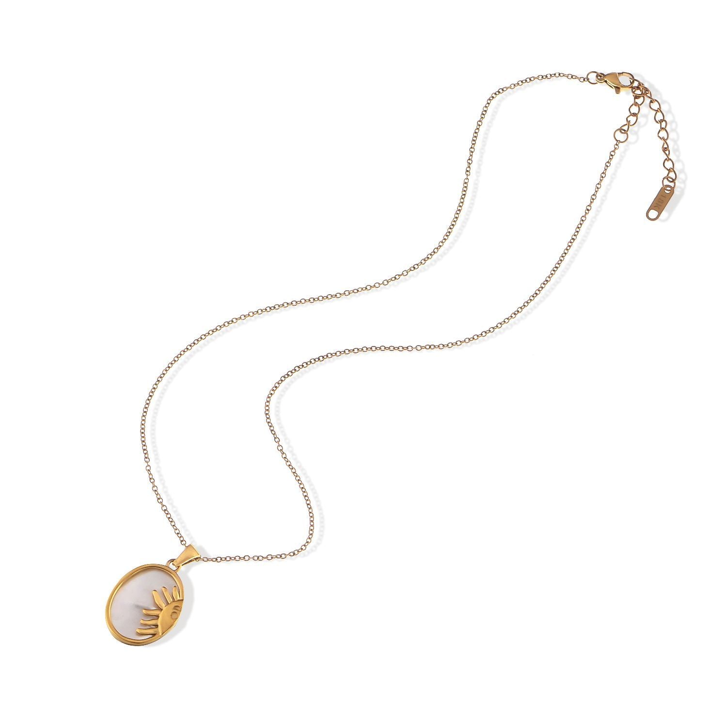 Women's Stainless Steel Necklace with 18K Gold Plated Sun and Moon Pendant, Adjustable Chain with Mother of Pearl