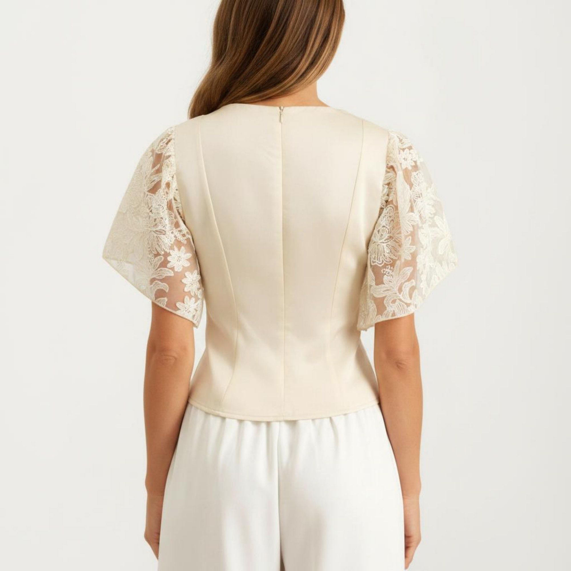 Anna-Kaci Women's Short Sleeve Blouse with Floral Lace Cape Overlay and Embroidered Neckline