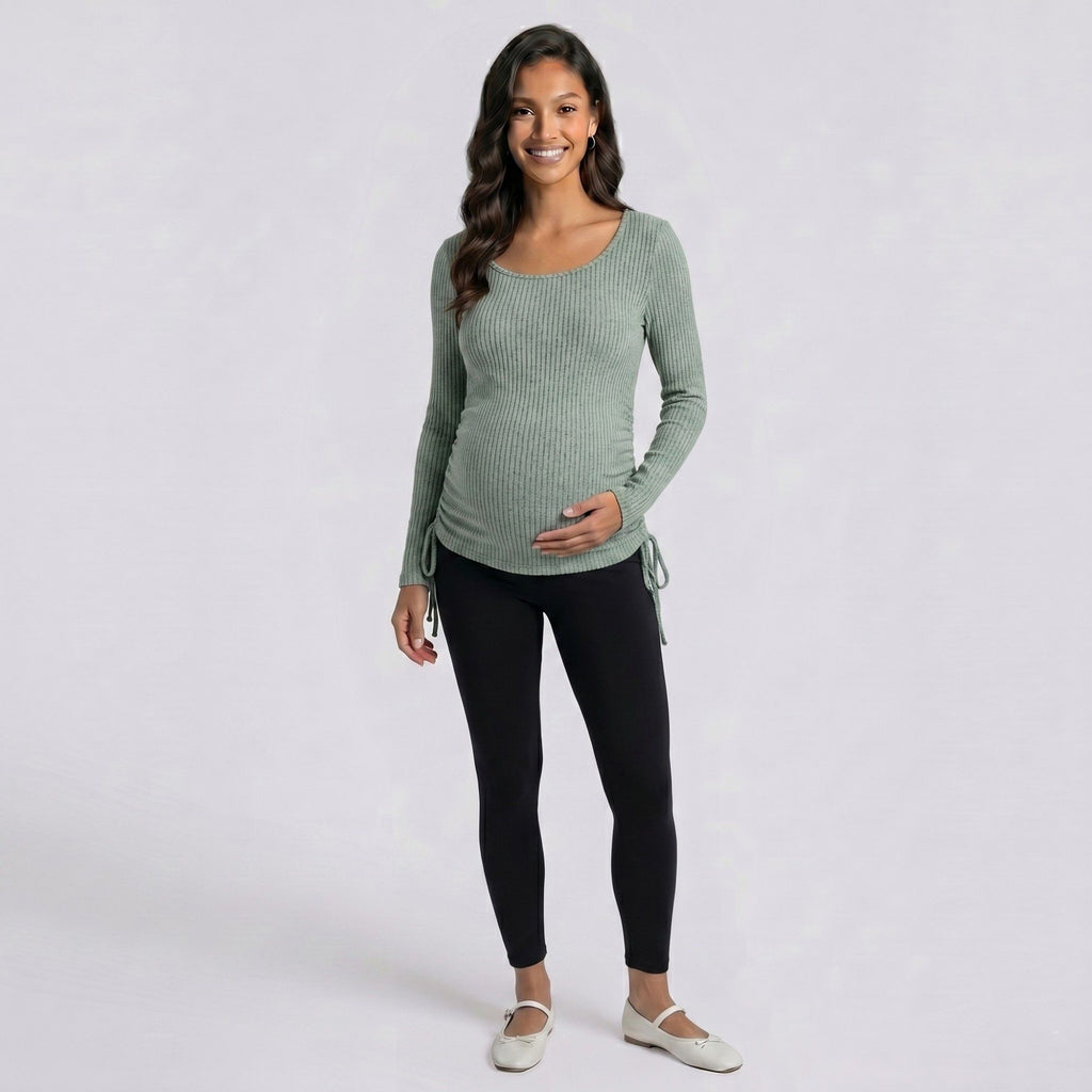 Anna-Kaci Women's Maternity Ribbed Long Sleeve Top with Scoop Neck and Side Ruched Tie Detail