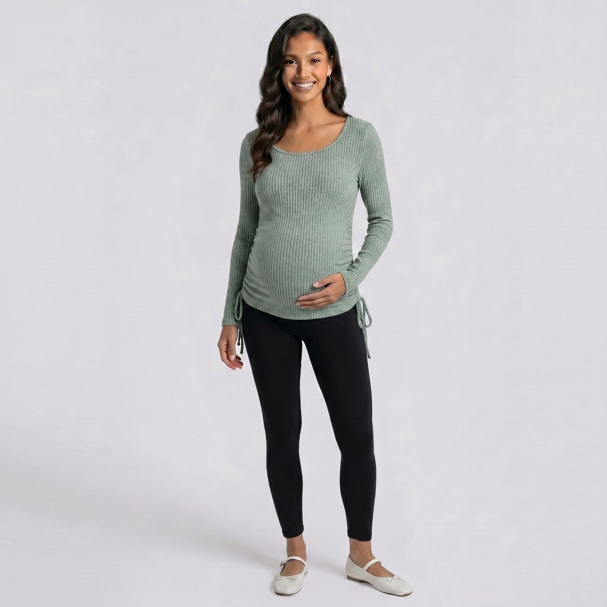 Anna-Kaci Women's Maternity Ribbed Long Sleeve Top with Scoop Neck and Side Ruched Tie Detail