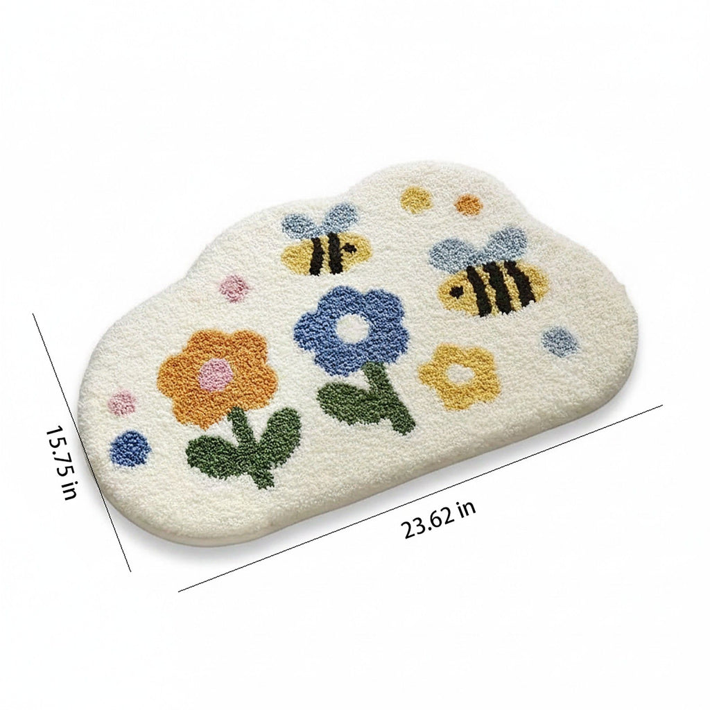 Tufted Floor Mat with Happy Text and Floral Pattern Non Slip Backing Soft Plush Decorative Scalloped Edge Indoor Rug