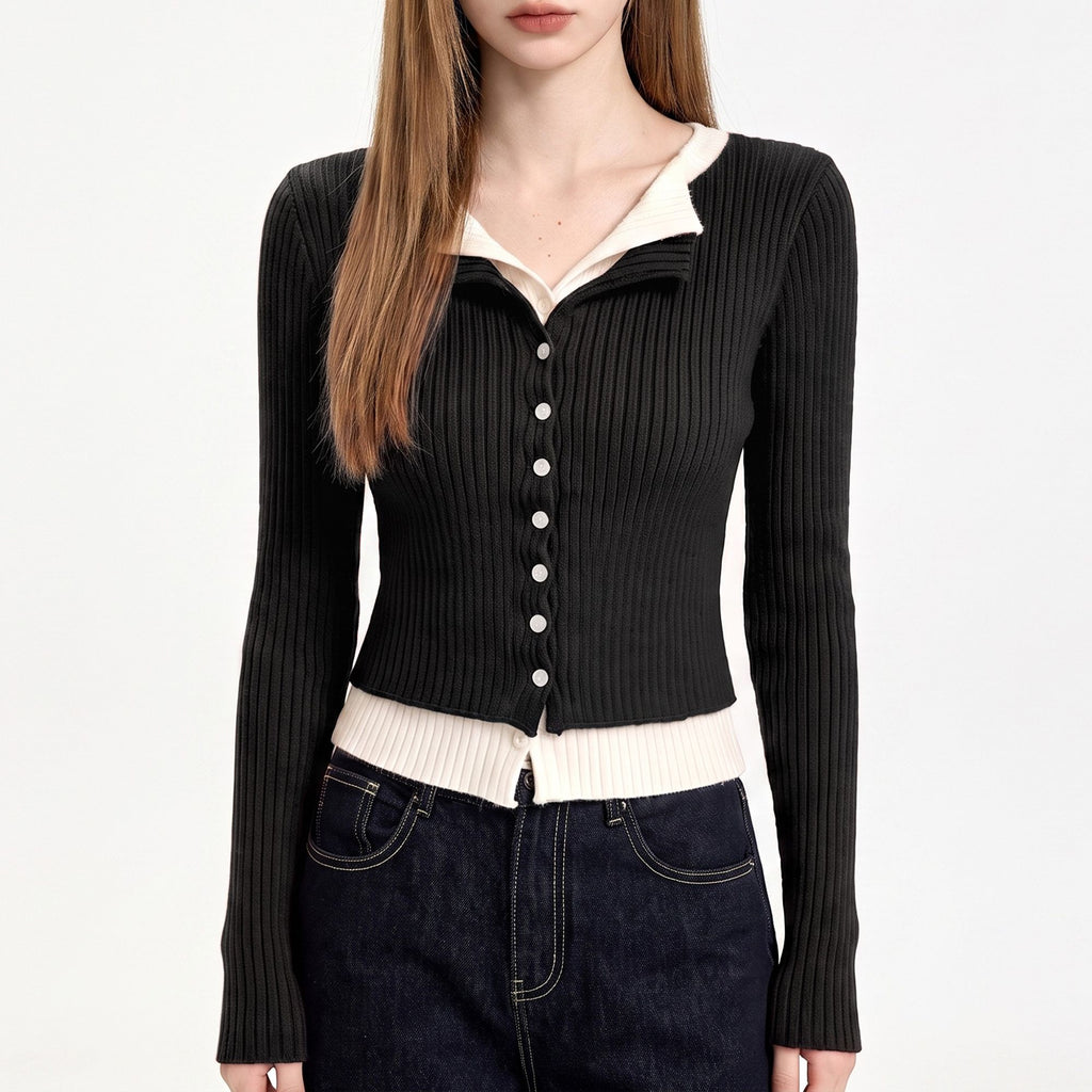 Layered Collar Ribbed Button-Front Cardigan Sweater