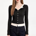 Layered Collar Ribbed Button-Front Cardigan Sweater