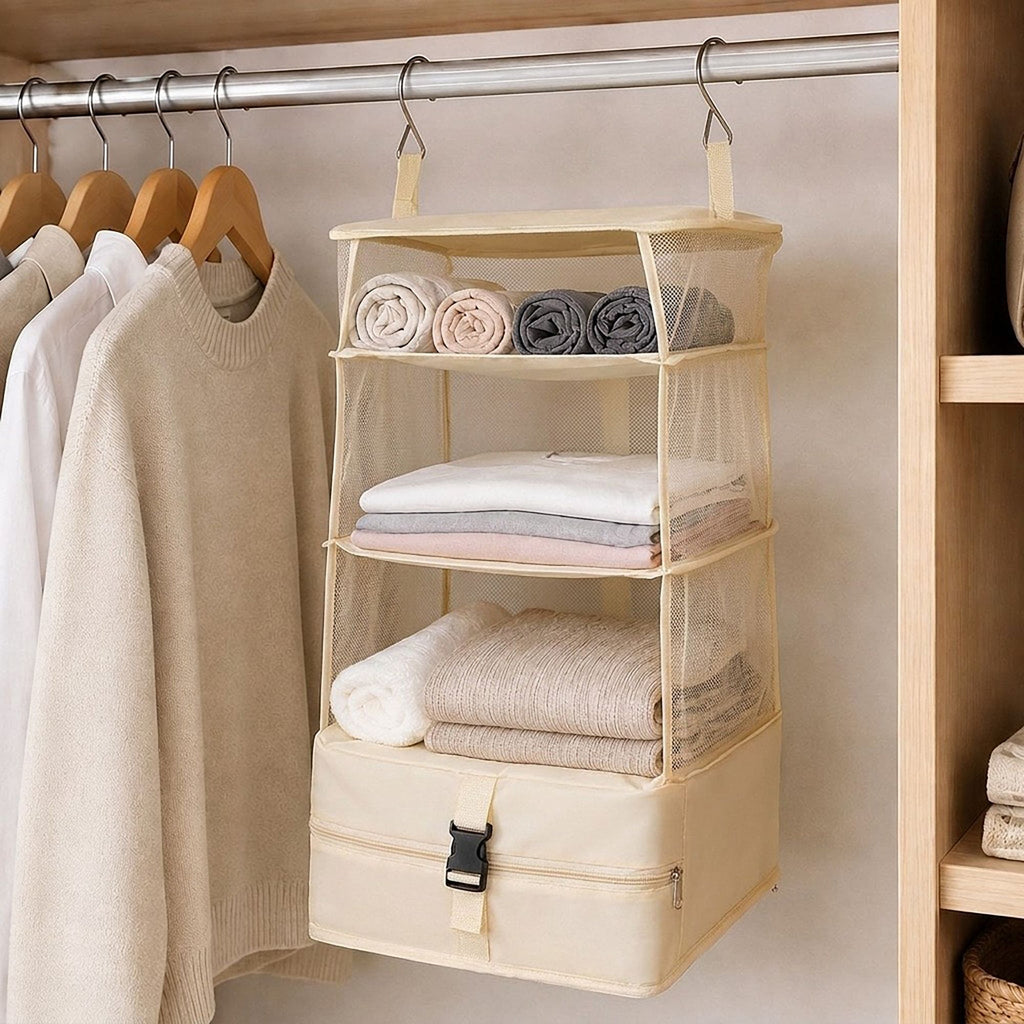 3 Shelf Hanging Closet Organizer with Zipper Storage Compartment and Hooks