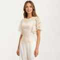 Anna-Kaci Women's Short Sleeve Blouse with Floral Lace Cape Overlay and Embroidered Neckline