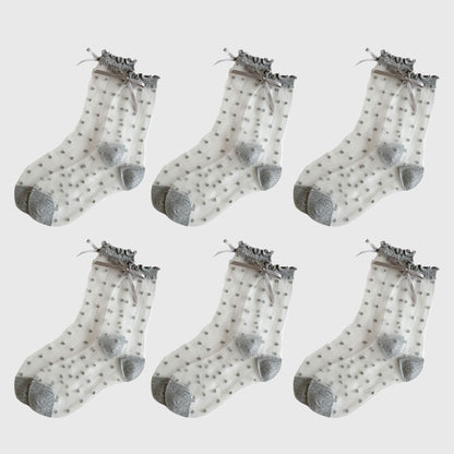 Anna-Kaci Women's Sheer Polka Dot Ankle Socks with Bow Detail 6pk