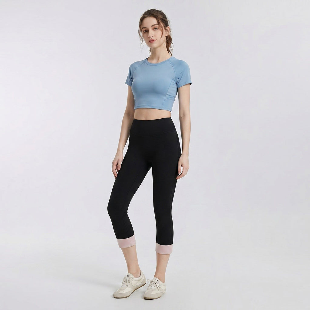 High Waist Capri Leggings with Folded Cuff Hem Wide Waistband Smooth Stretch Yoga Pants