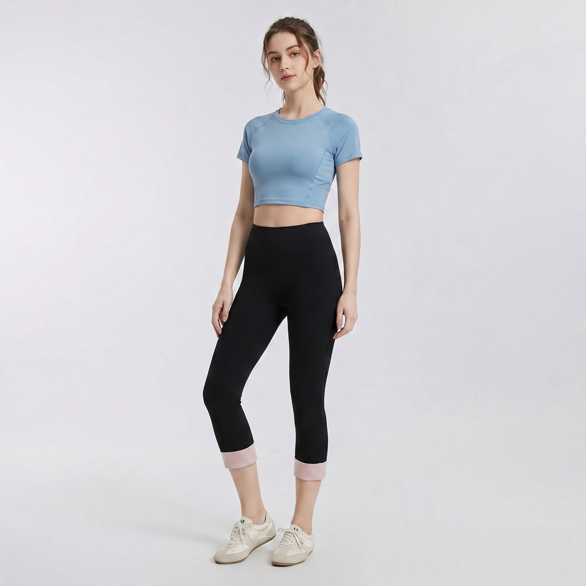 High Waist Capri Leggings with Folded Cuff Hem Wide Waistband Smooth Stretch Yoga Pants