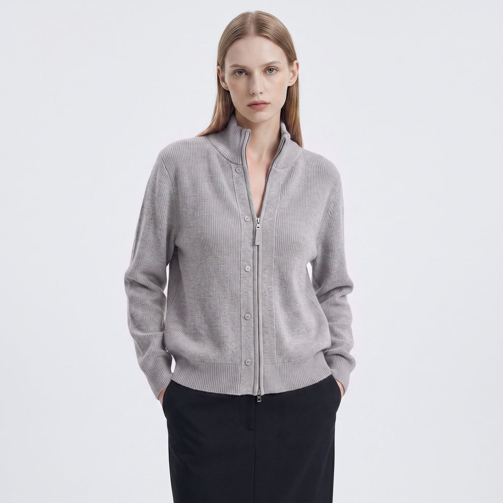 Mock Neck Zip-Front Knit Cardigan Sweater