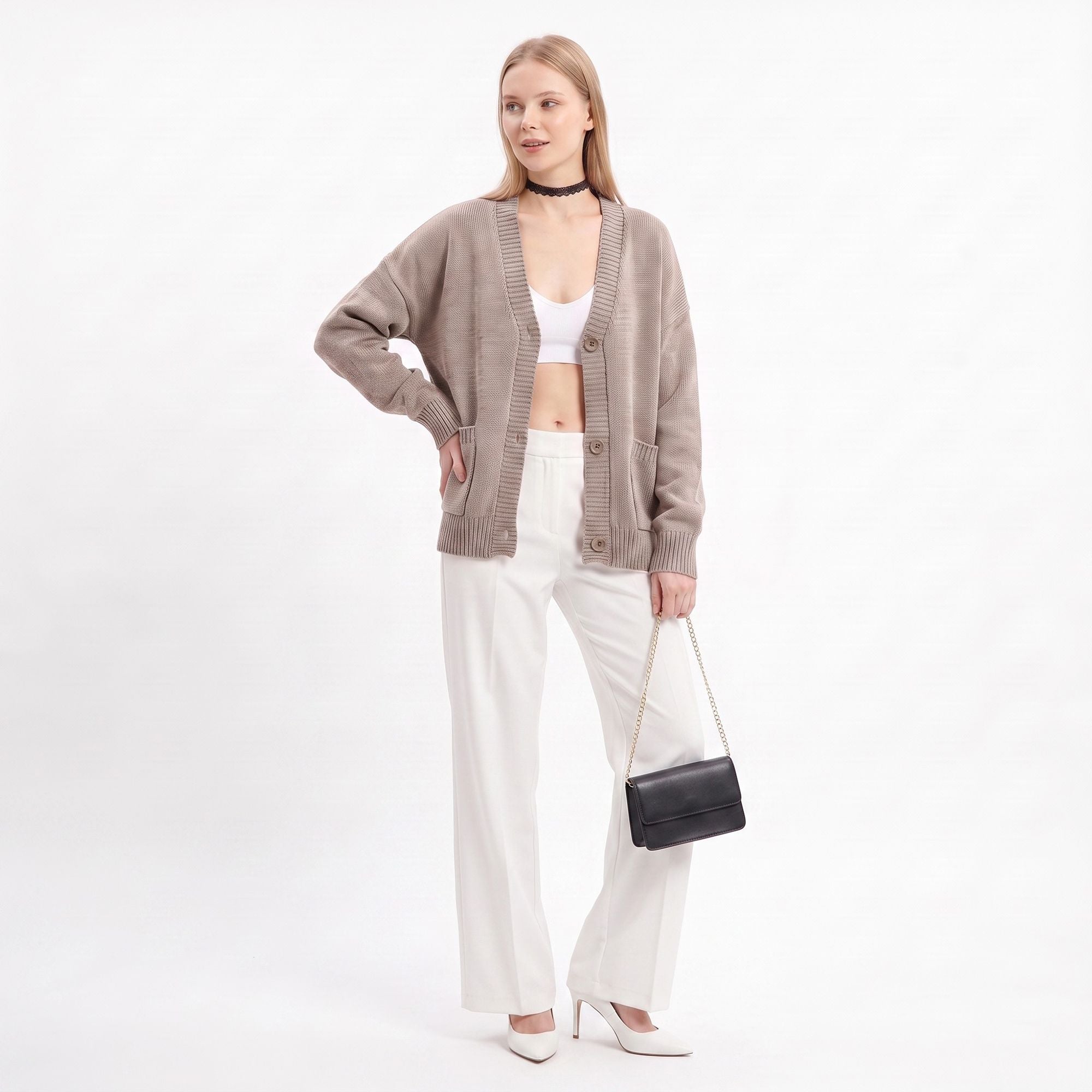 Oversized V Neck Button Front Cardigan with Pockets