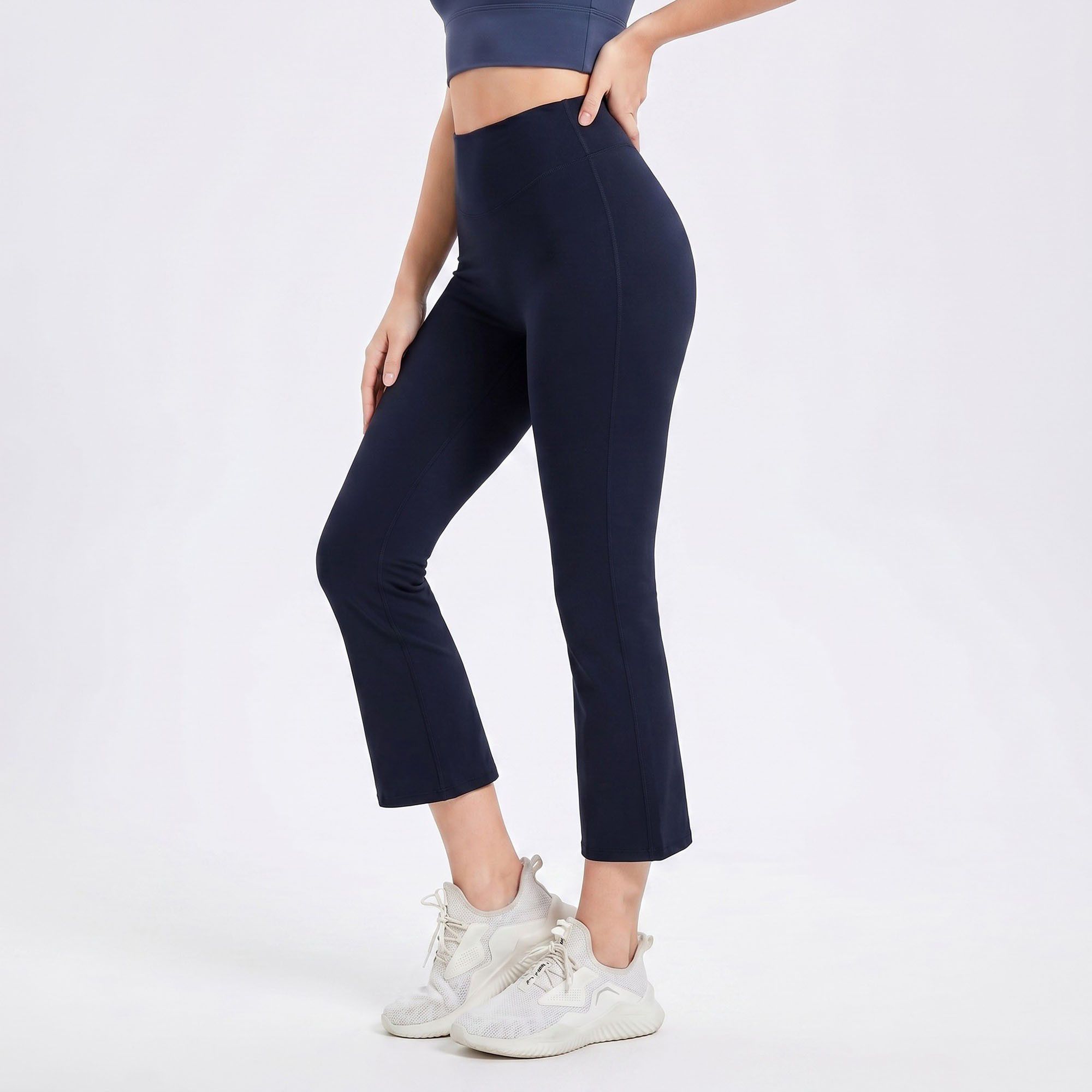 High Waist Cropped Flare Yoga Pants with Wide Waistband Smooth Stretch Workout Leggings