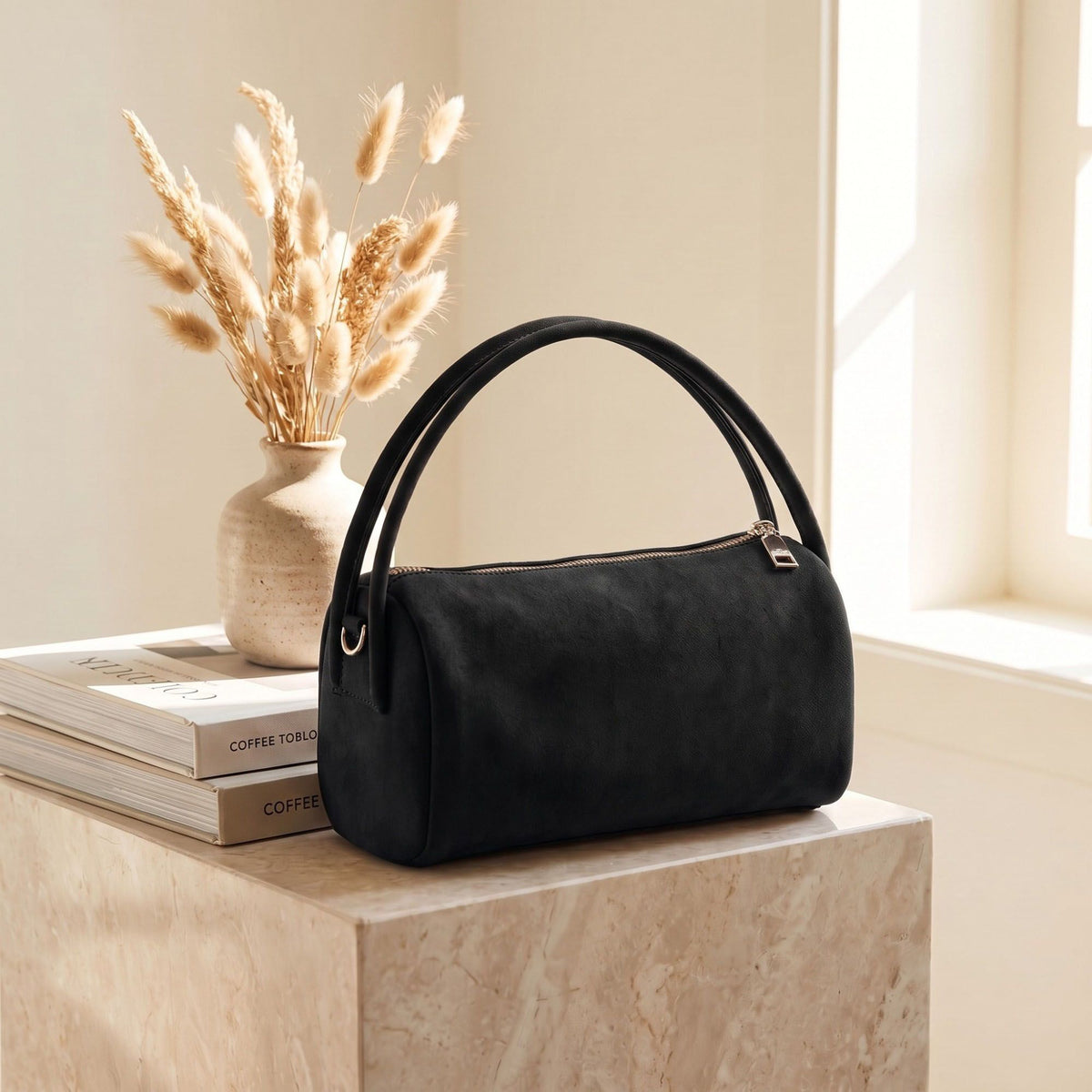 Faux Suede Satchel Bag with Detachable Crossbody Strap Beige