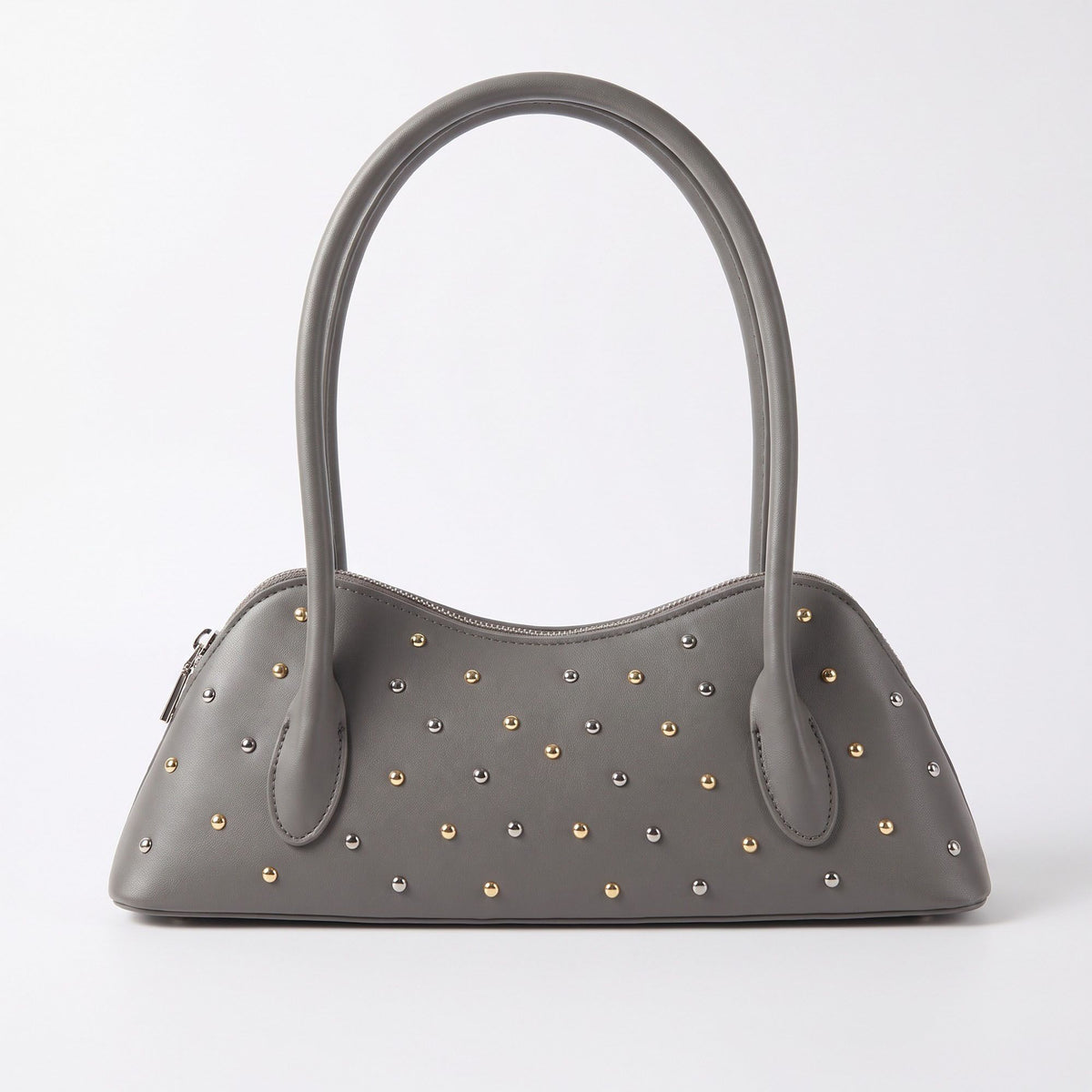 Studded Satchel Handbag with Long Handles Zip Closure and Interior Pocket