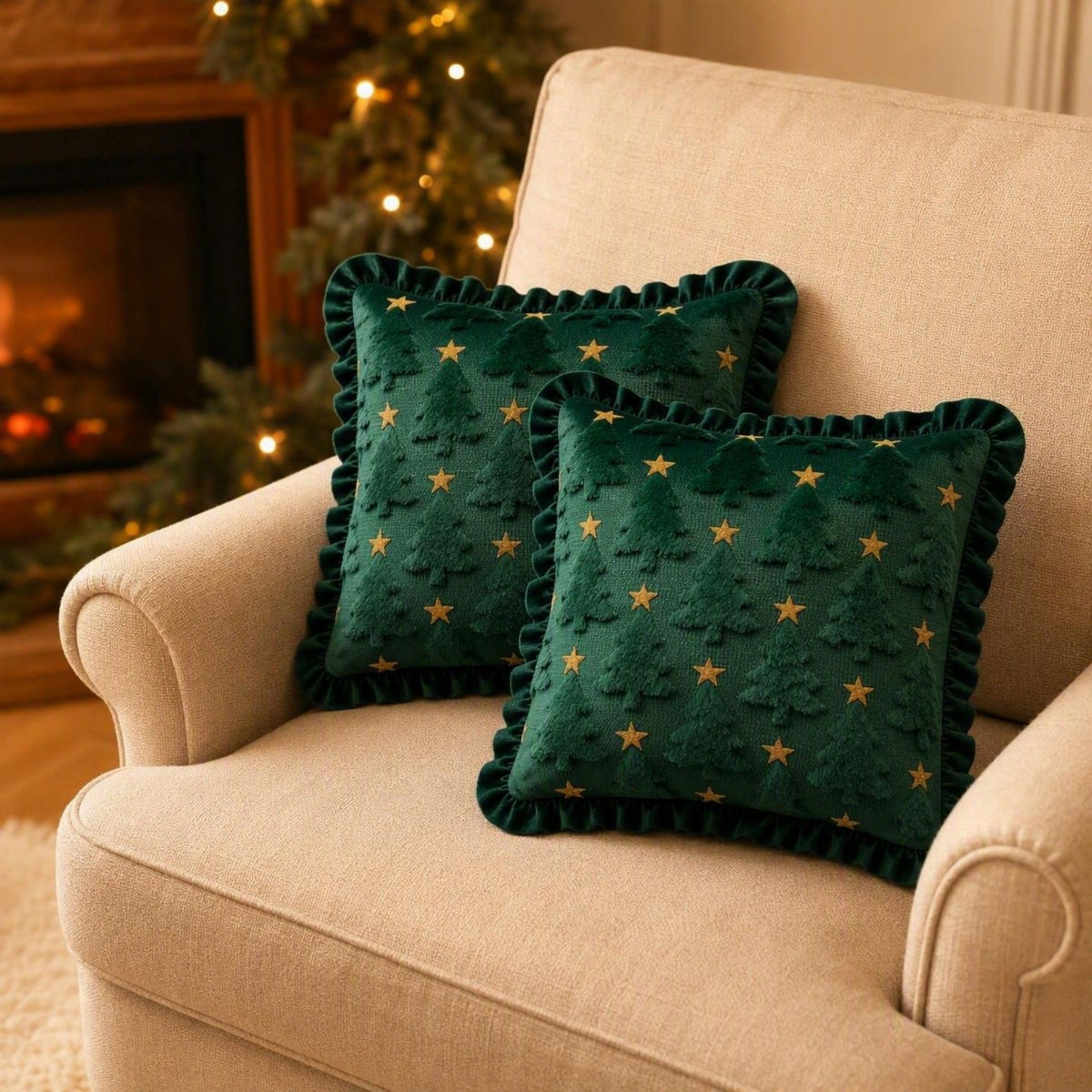 1 Piece Christmas Tree Throw Pillow Cover with Ruffle Trim Stars 18 x 18 Inch