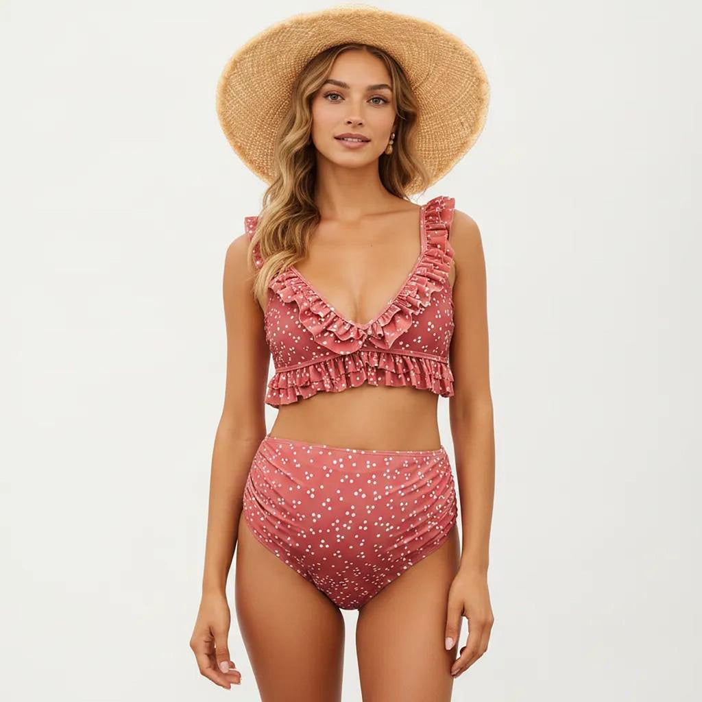 Anna-Kaci Swim Women's Ruffled Maternity Bikini Set with High-Waisted Bottoms and Polka Dot Print