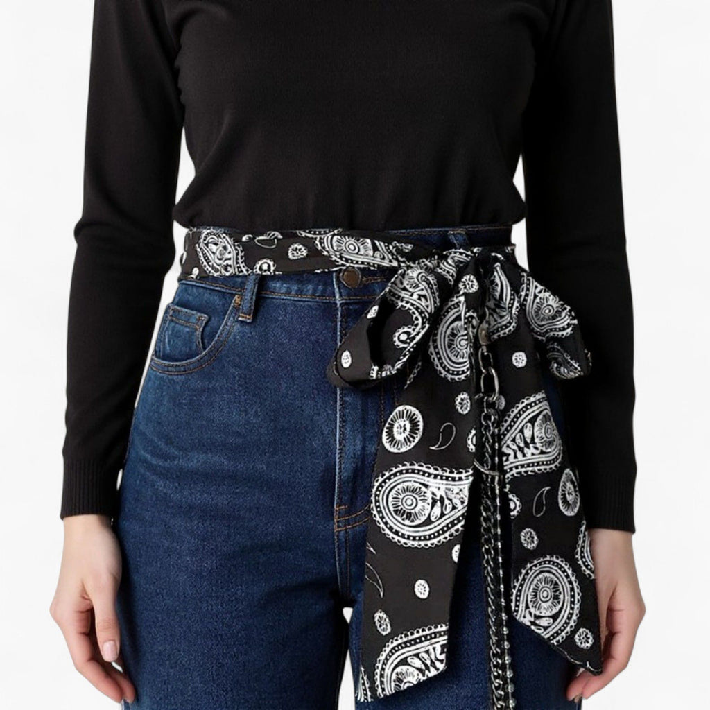 Anna-Kaci Women's Paisley Print Scarf Belt with Large Bow Tie Front and Metal Chain Accent 78.5in