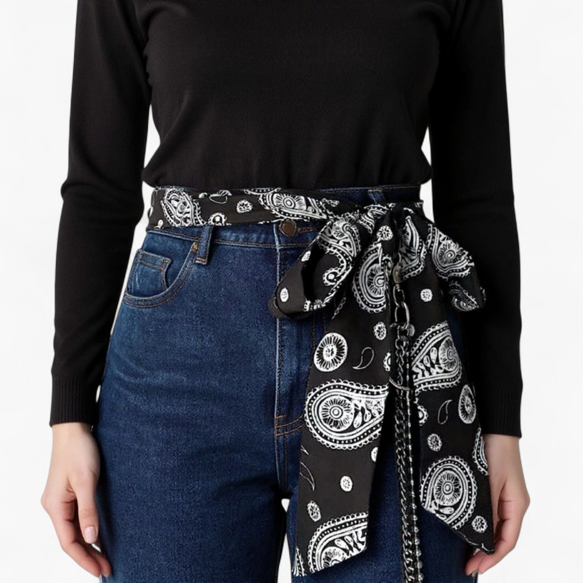 Anna-Kaci Women's Paisley Print Scarf Belt with Large Bow Tie Front and Metal Chain Accent 78.5in