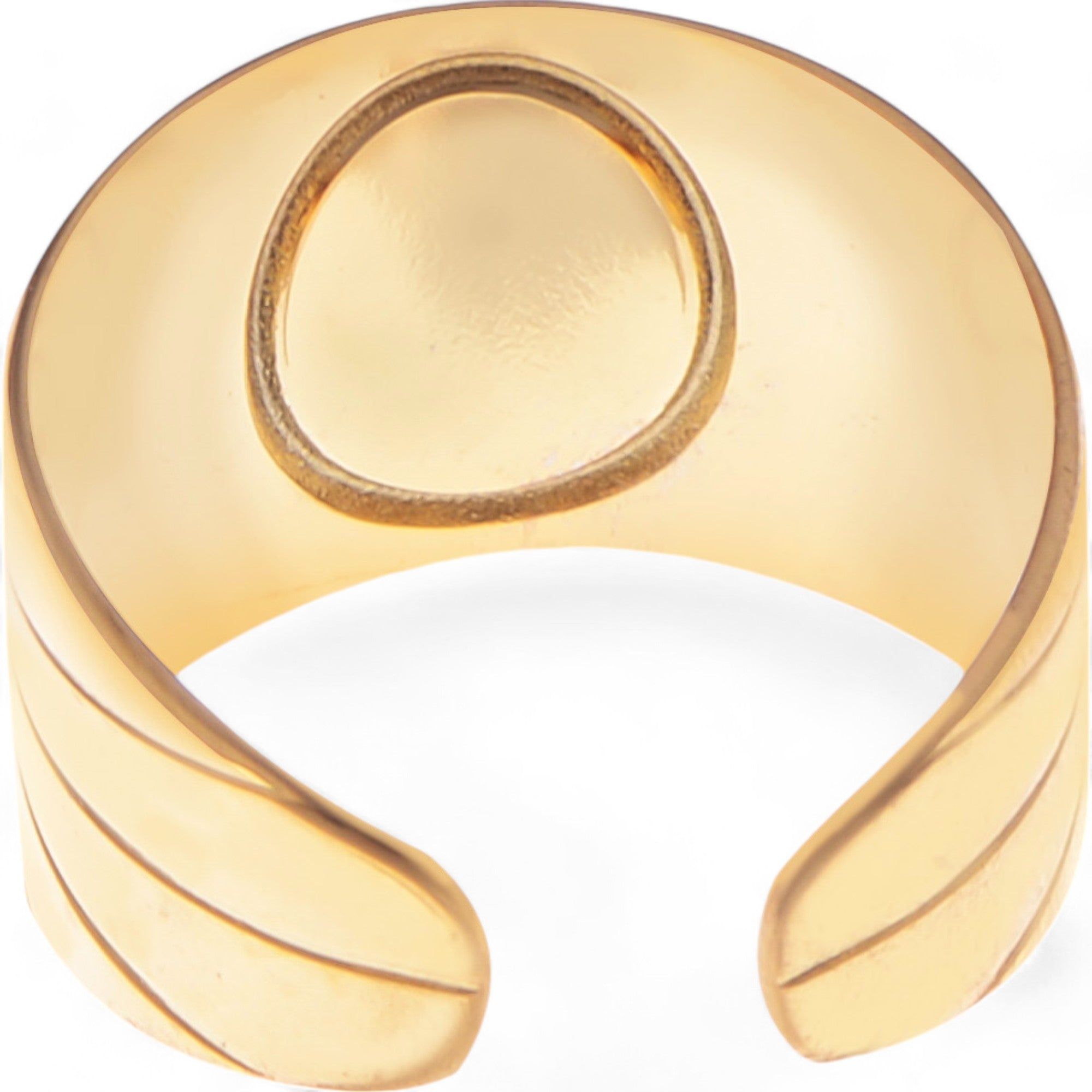 Women's Wide Statement Ring Gold Tone with Round Stone Marble-Like Stone and Textured Details