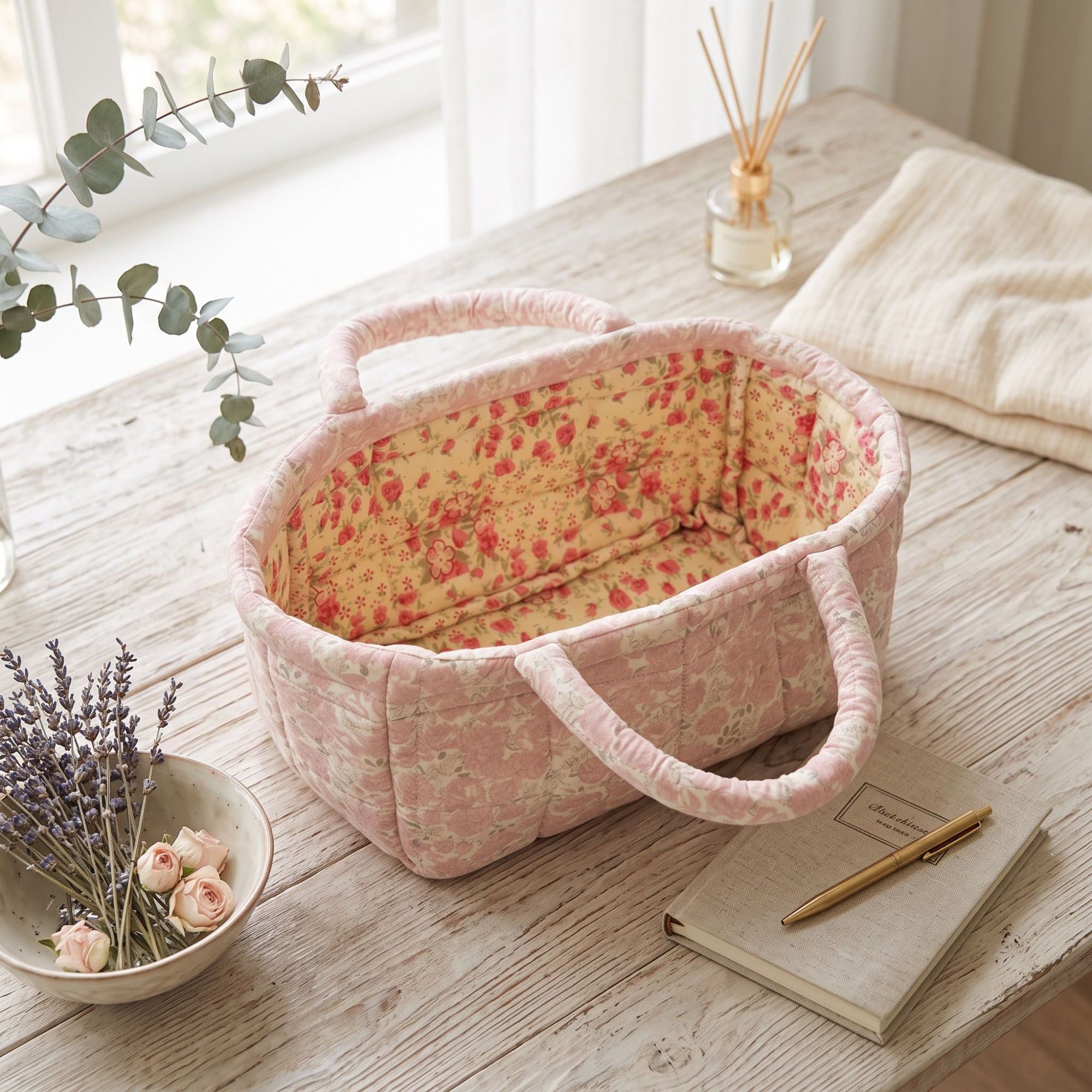 Quilted Floral Storage Basket with Handles for Home Organization