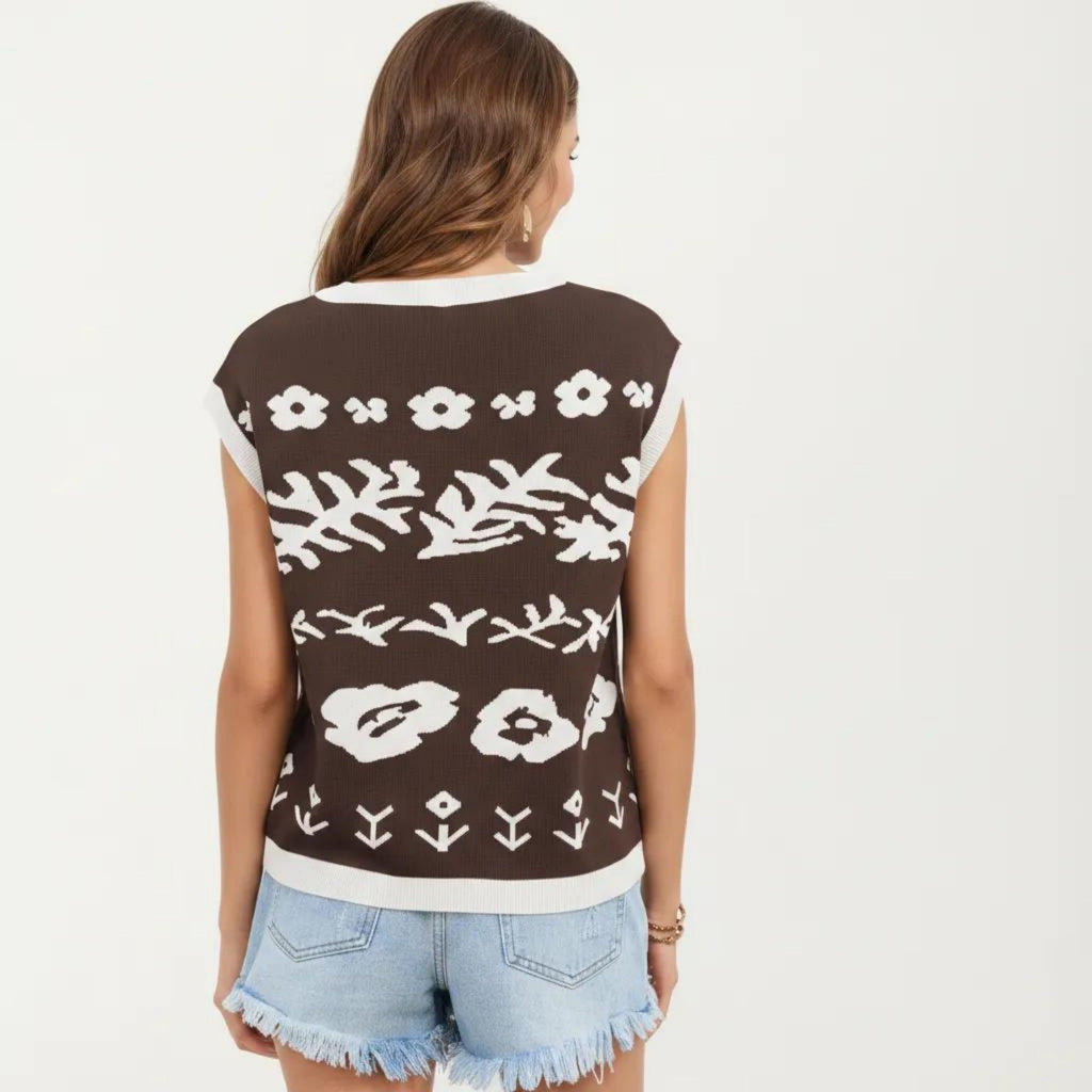 Anna-Kaci Women's Sleeveless Floral Knit Vest Top with Crew Neck and Contrast Trim