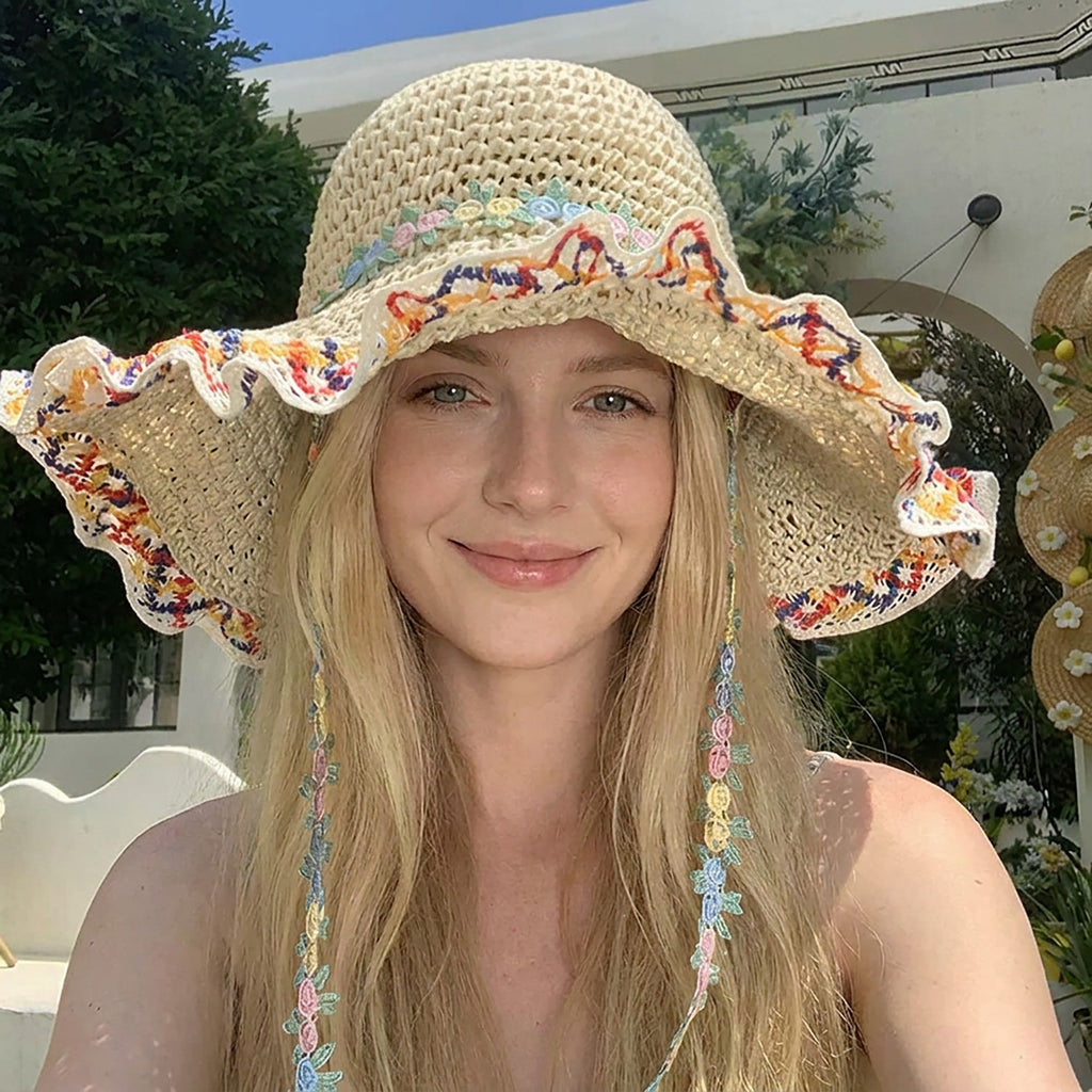 Crochet Wide Brim Sun Hat with Floral Trim Wavy Edge and Decorative Chin Strap