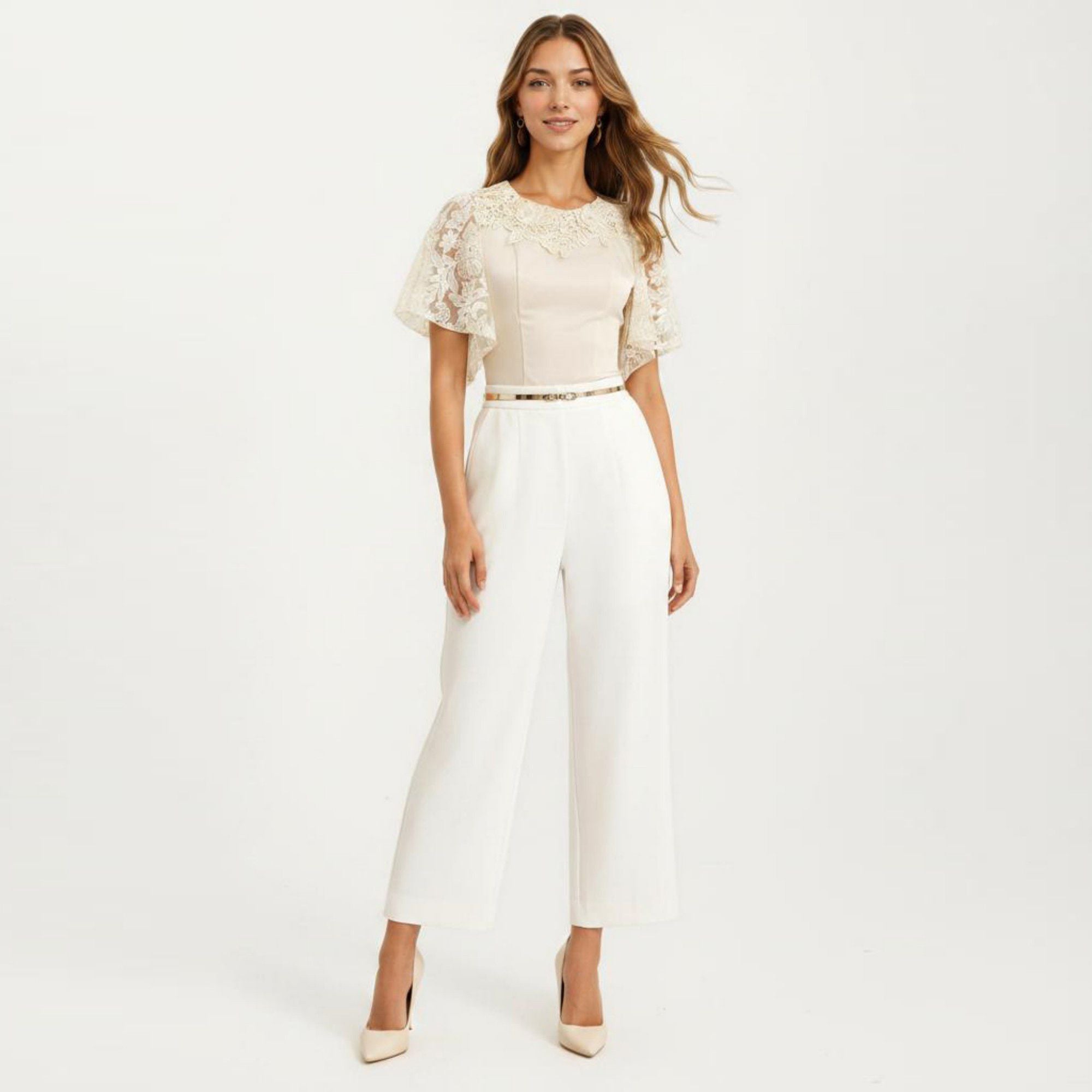 Anna-Kaci Women's Short Sleeve Blouse with Floral Lace Cape Overlay and Embroidered Neckline