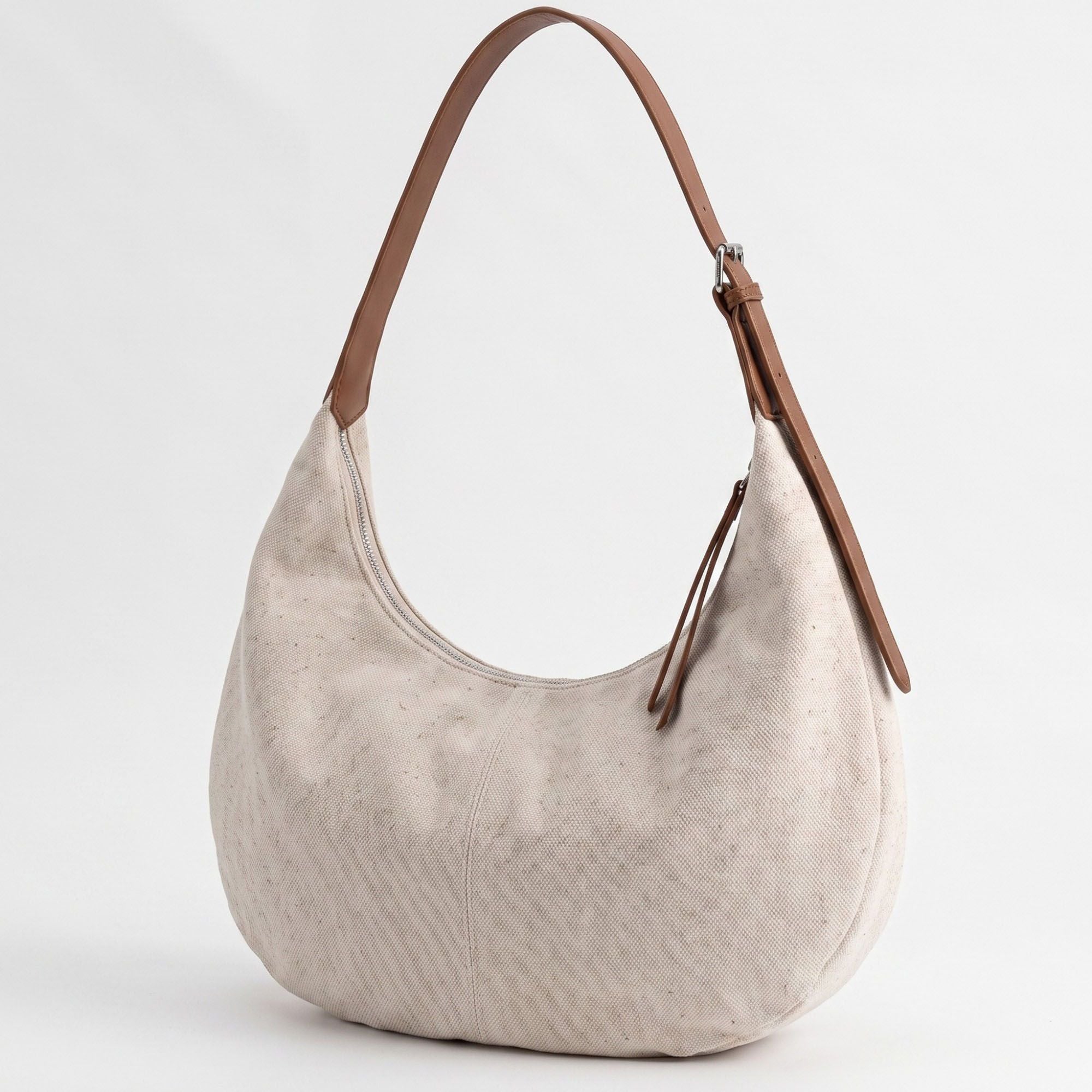 Canvas Crescent Shoulder Bag with Adjustable Faux Leather Strap and Top Zipper 16x10x1.5in