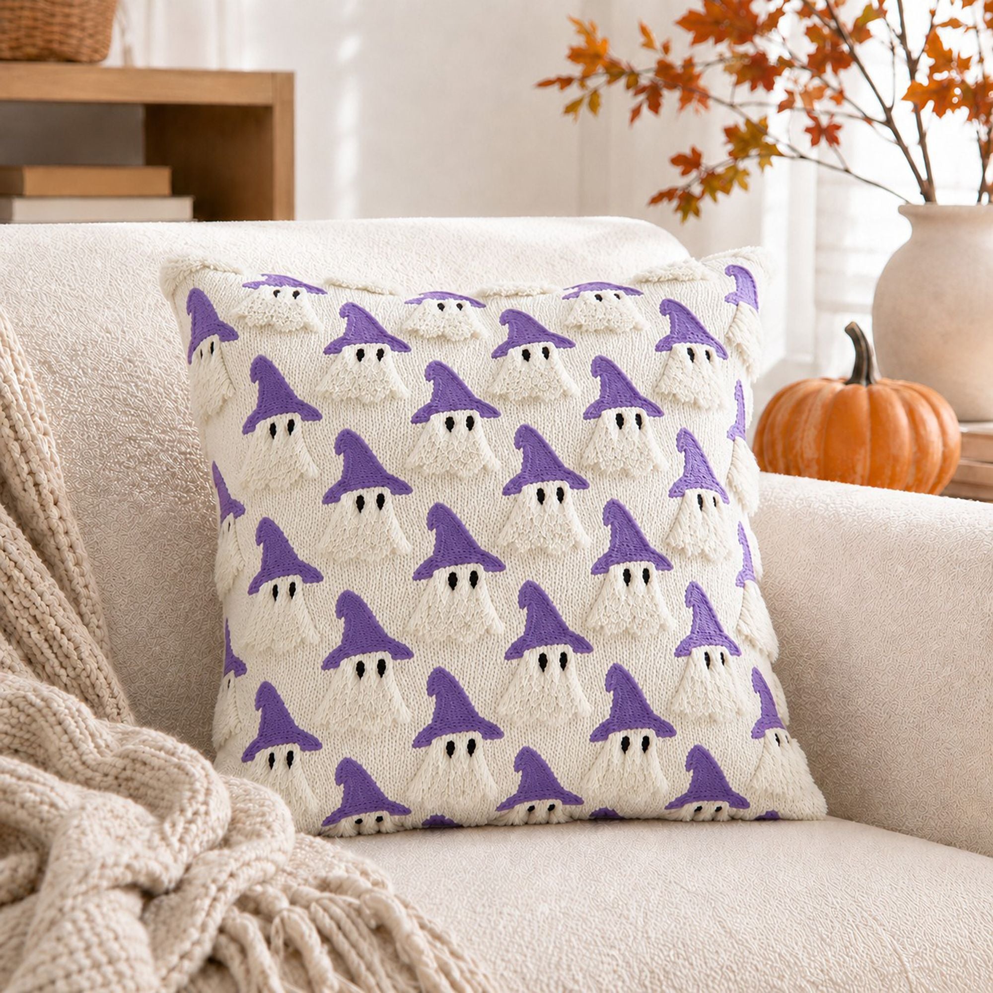 Halloween Tufted Witch Ghost Throw Pillow Cover for Couch Bed and Chair