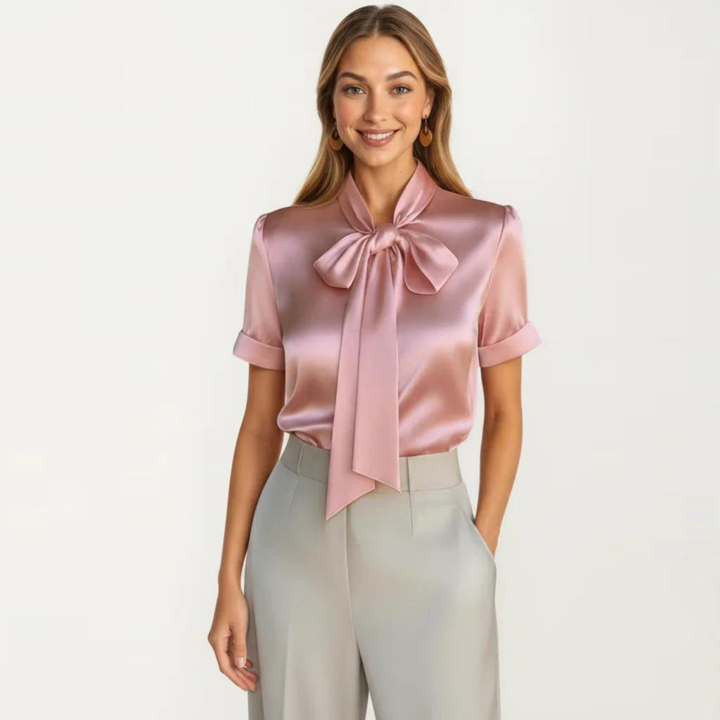 Anna-Kaci Women's Satin Bow Neck Blouse with Short Sleeves and Smooth Draped Finish