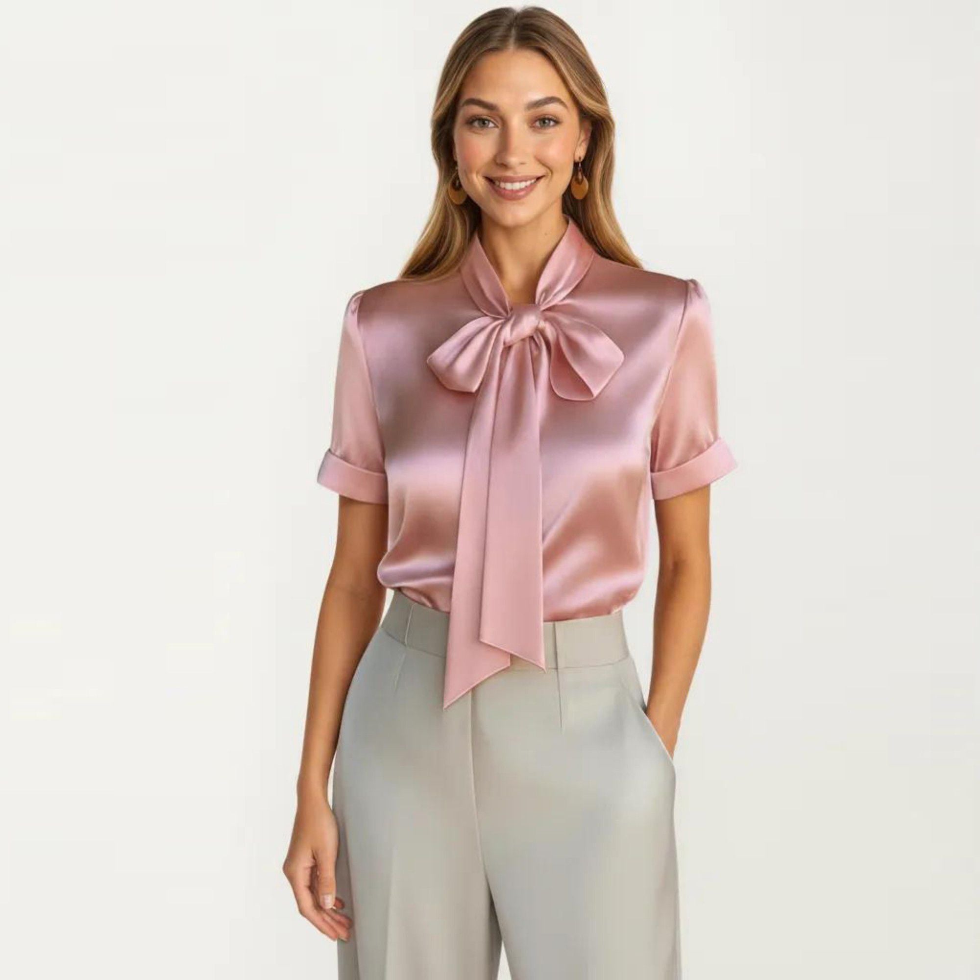 Anna-Kaci Women's Satin Bow Neck Blouse with Short Sleeves and Smooth Draped Finish