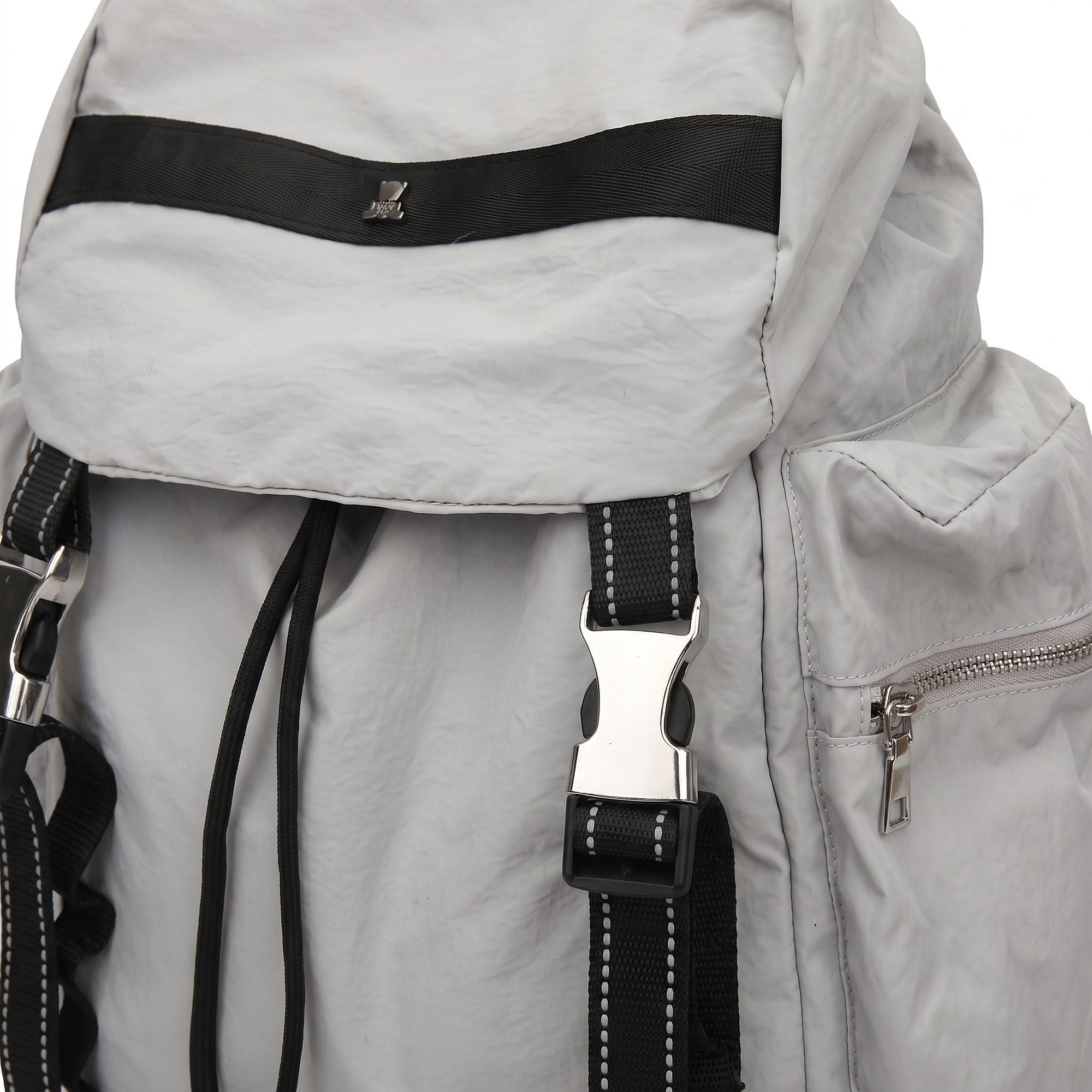 Flap Drawstring Backpack with Dual Buckle Straps and Zippered Side Pockets