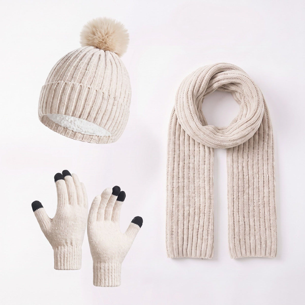 3 Piece Pom Beanie Scarf and Touchscreen Gloves Winter Set