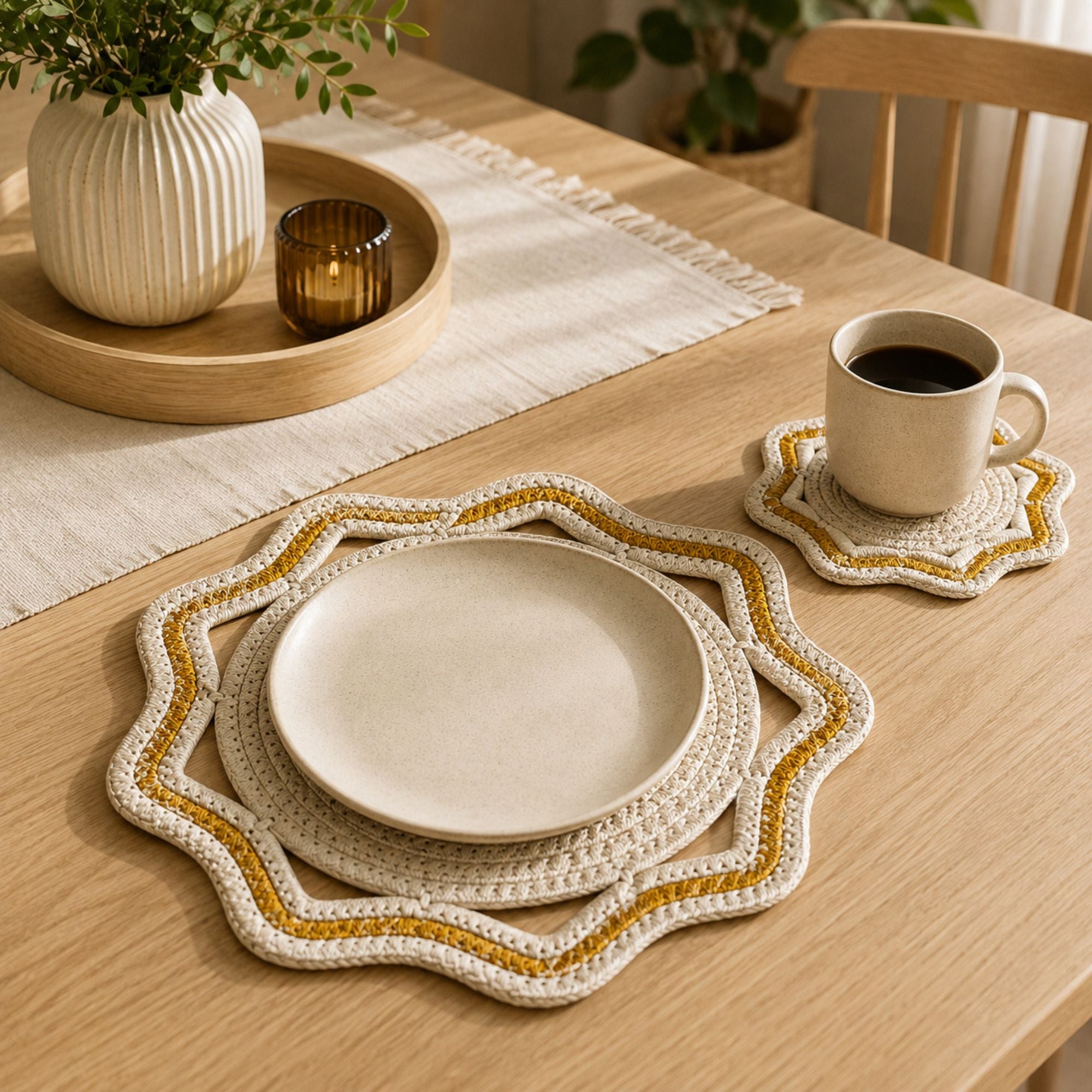 Woven Cotton Cord Octagonal Placemat and Coaster 2-Piece Set