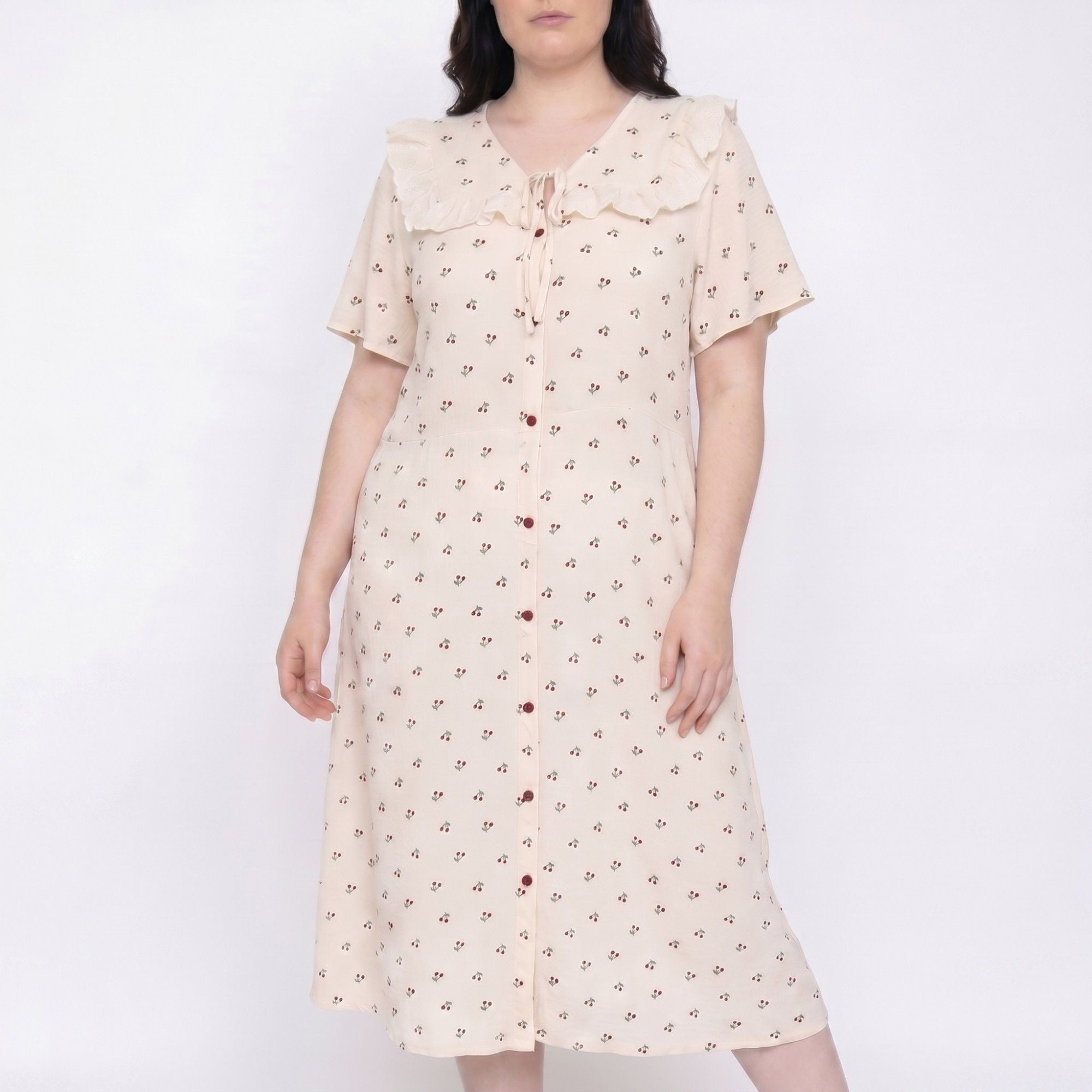 Short Sleeve Button Front Midi Nightgown Ruffle Collar Tie Neck Sleep Dress