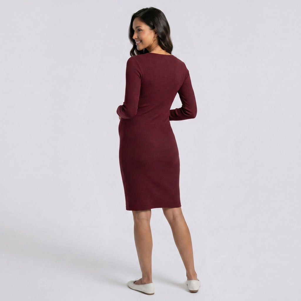 Anna-Kaci Women's Maternity Ribbed Long Sleeve Bodycon Dress with Front Twist Detail